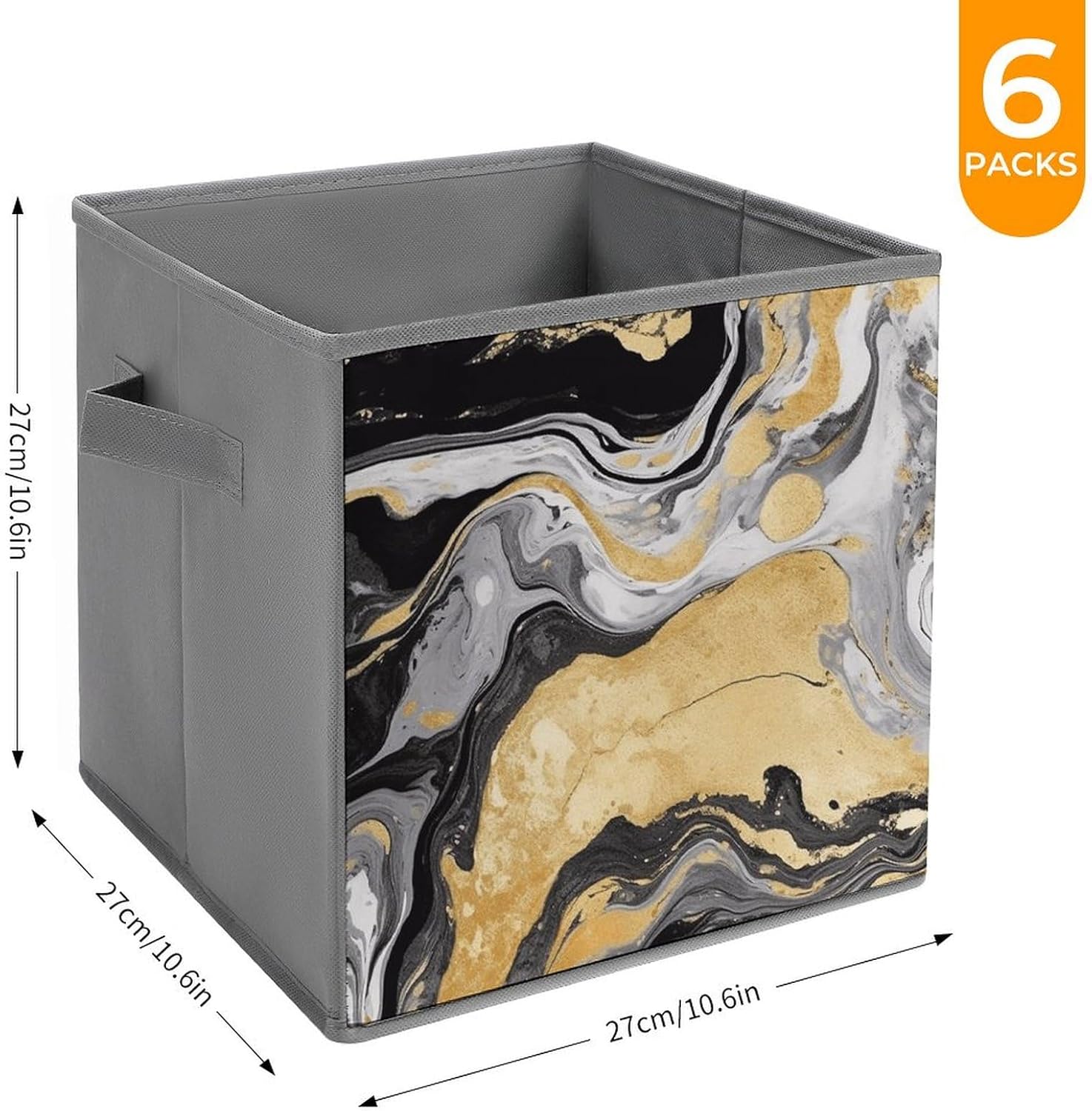 Black Golden Marble Ink Foldable Storage Box with Handles, Durable Oxford Storage Cubes, 6PCS Collapsible Closet Organizer for Home, Shelf, Office, Travel