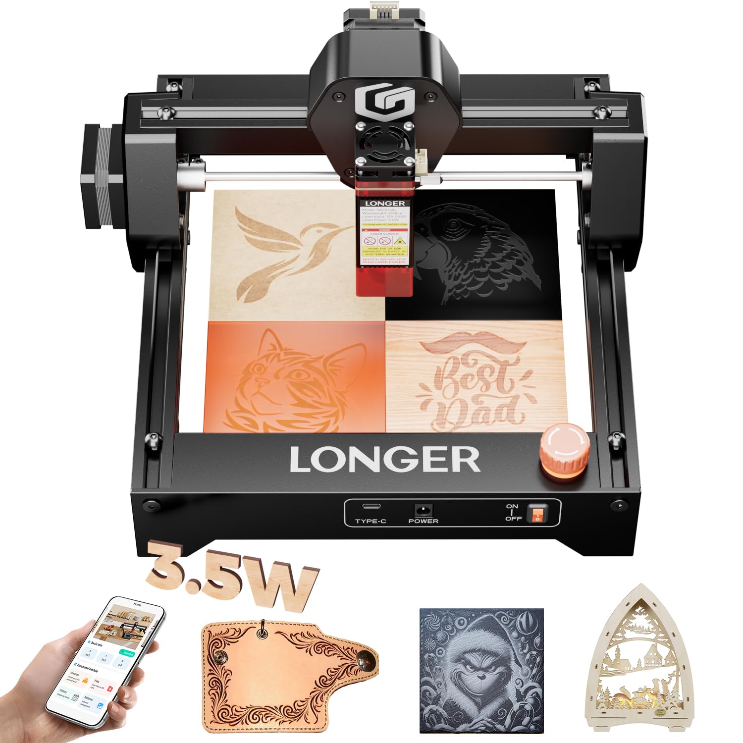 Longer Ray5 Mini Laser Engraver 3,5 W – High-Speed DIY CNC Cutter (12 000 mm/min) do drewna, metalu, akrylu, skóry, 140 × 130 mm Work Area, precyzyjne grawerowanie i cięcie, wszechstronne połączenie