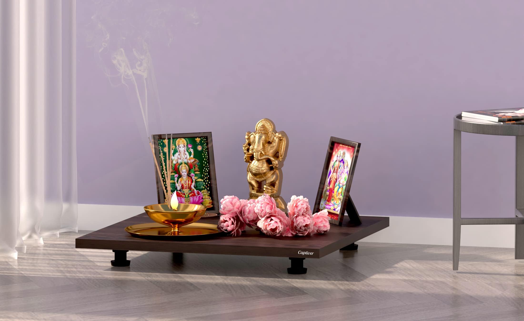 Captiver Engineered Wood Big God Pooja Chowki (18X18 Inch, Wenge) Puja Wooden Stool Room Sitting Stand Home Patla Plywood Sit Square Handicrafts Box