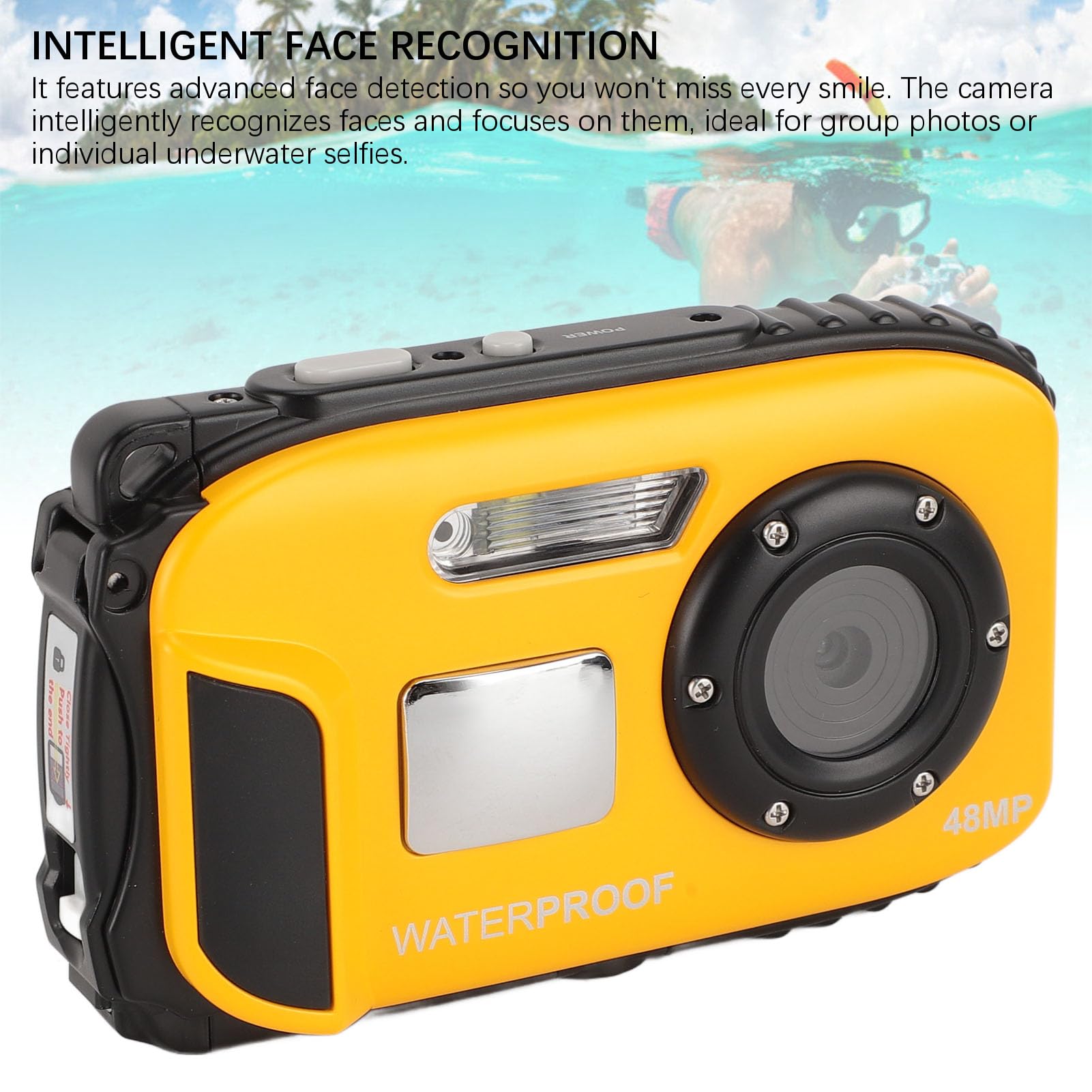 Kamera do nurkowania 1080P 48MP Antywstrząsowa 5m Wodoodporna kamera podwodna z 2,4-calowym kolorowym ekranem Karta pamięci 32G Autofokus 630mAh Rozpoznawanie twarzy (Żółty)