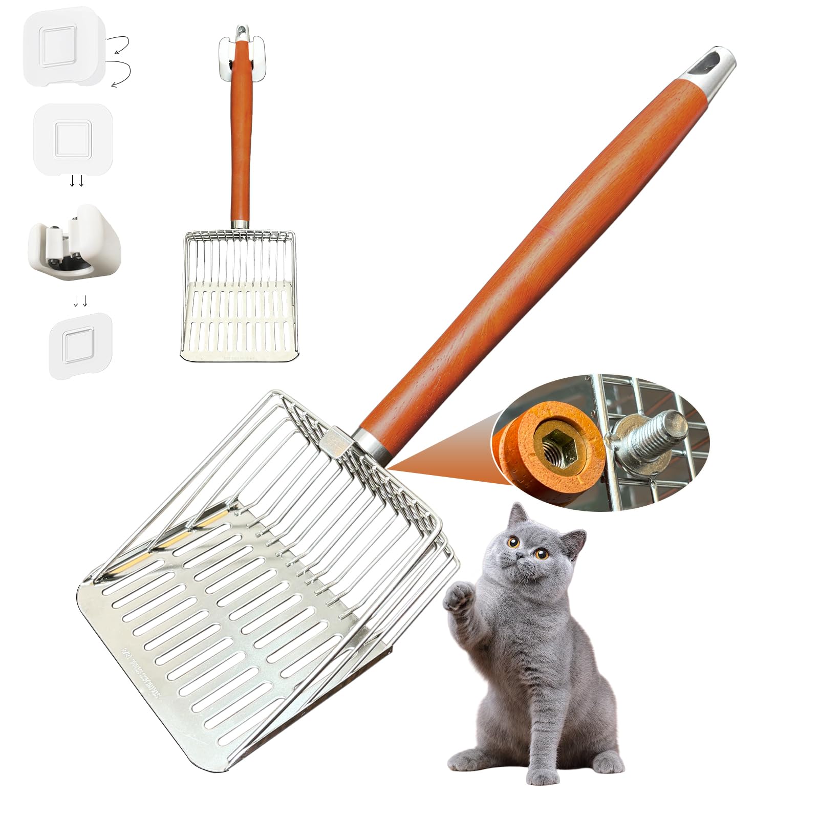 Designed for Deep Litter Boxes, Long Handle Metal Cat Litter Scoop with Holder, Keeps Hands Clean and Away from Odor, Stainless Steel
