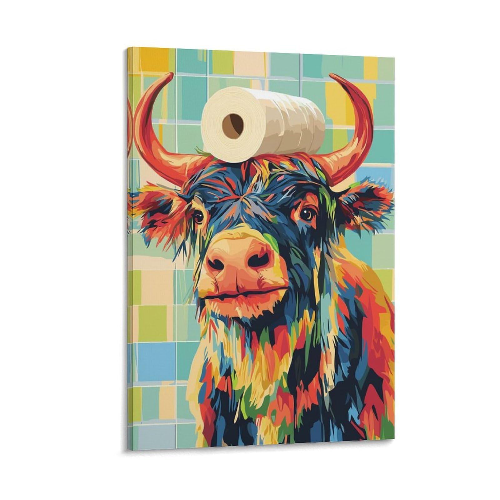 Junmoney Kunstdruck Auf Leinwand Colorful Cow with Toilet Paper Hat, 16x24inch(40x60cm), Für Wohnzimmer, Flur Oder Schlafzimmer, Leinwandbild Für Harmonische Raumwirkung