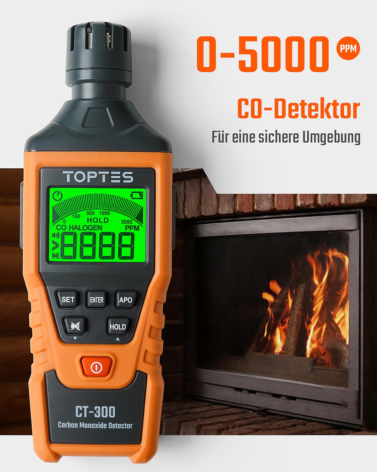 TopTes CT-300 Tragbarer CO-Detektor, CO-Detektor mit akustischem und optischem Alarm, 0-5000PPM, hintergrundbeleuchtetes Display, für Haus, Auto, Camping & Reisen (inkl. Batterie x3) - Orange