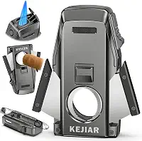 Isqueiro de charuto, isqueiro de jato duplo, furador embutido, cortador e suporte de charutos de borda dupla, isqueiro de butano recarregável, acessórios de charutos ideais para homens presente
