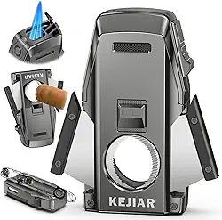 Isqueiro de charuto, isqueiro de jato duplo, furador embutido, cortador e suporte de charutos de borda dupla, isqueiro de butano recarregável, acessórios de charutos ideais para homens presente