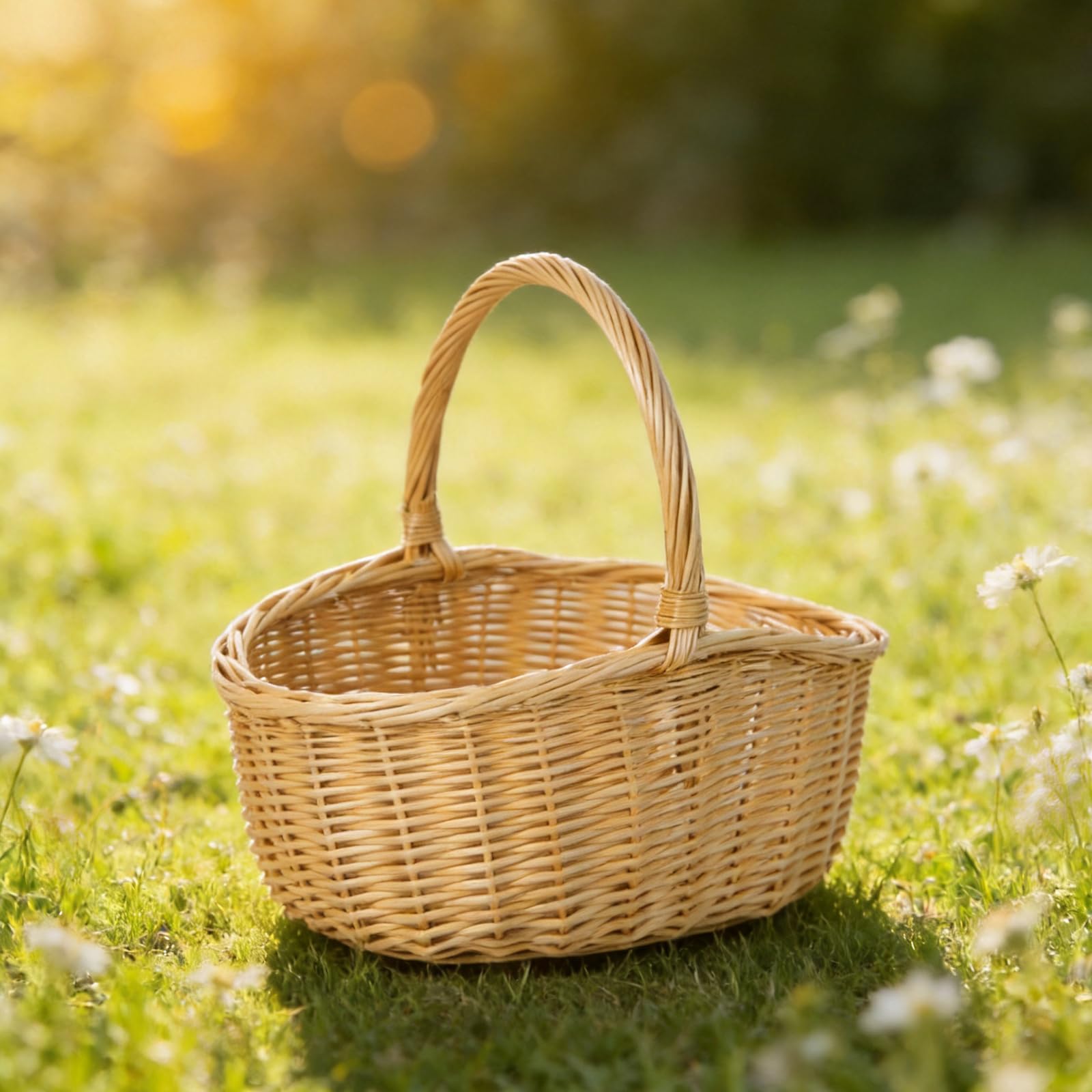 Cesta de almacenamiento de mimbre natural tejida a mano con asa fuerte para organización del hogar y actividades al aire libre