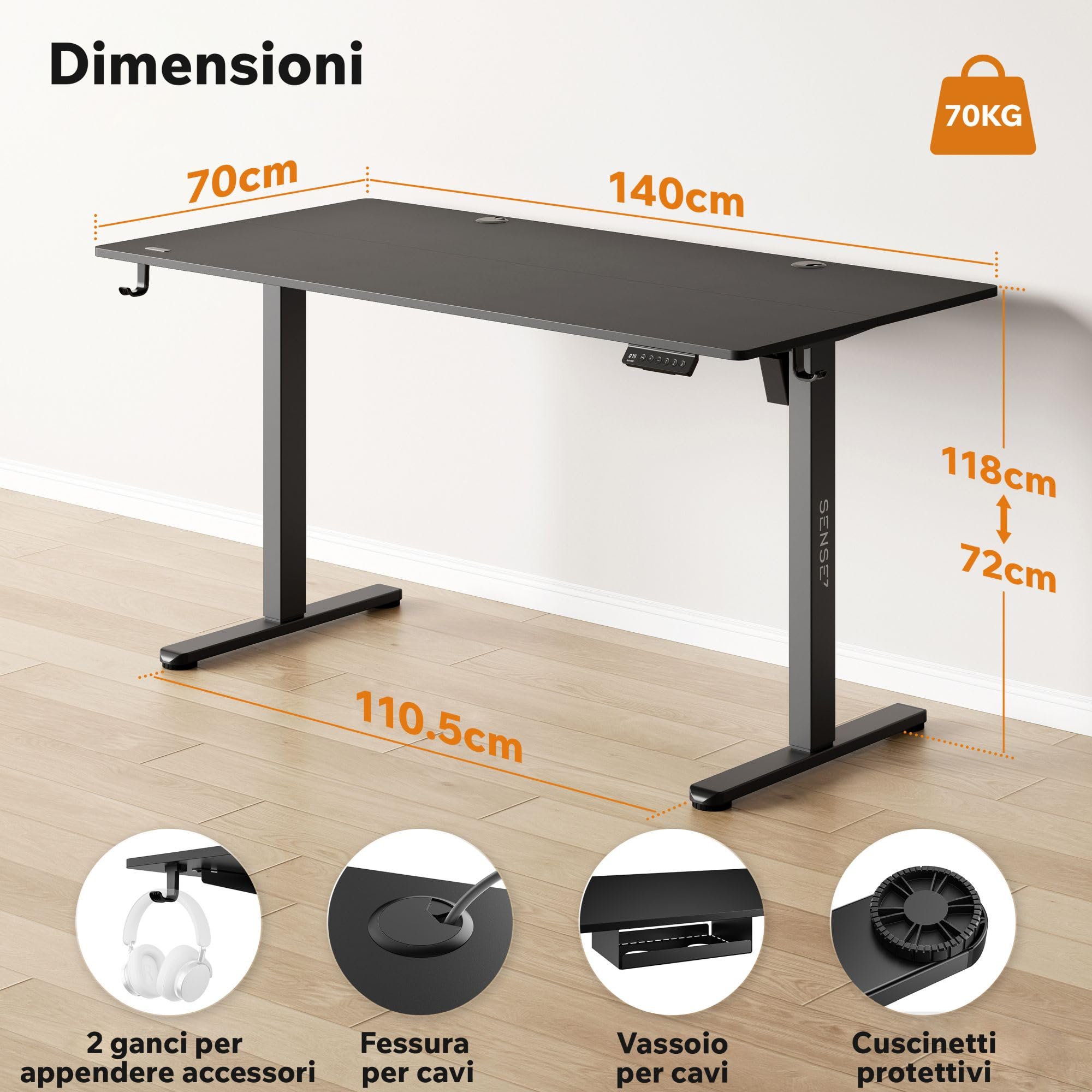 SENSE7 Scrivania Elettrica Regolabile in Altezza NOJO, Standing Desk 140x70, Tavolo PC con Memoria, Scrivania con Vassoio per Cavi, Tavolo da Gaming con Gancio, Regolazione Silenziosa, Black