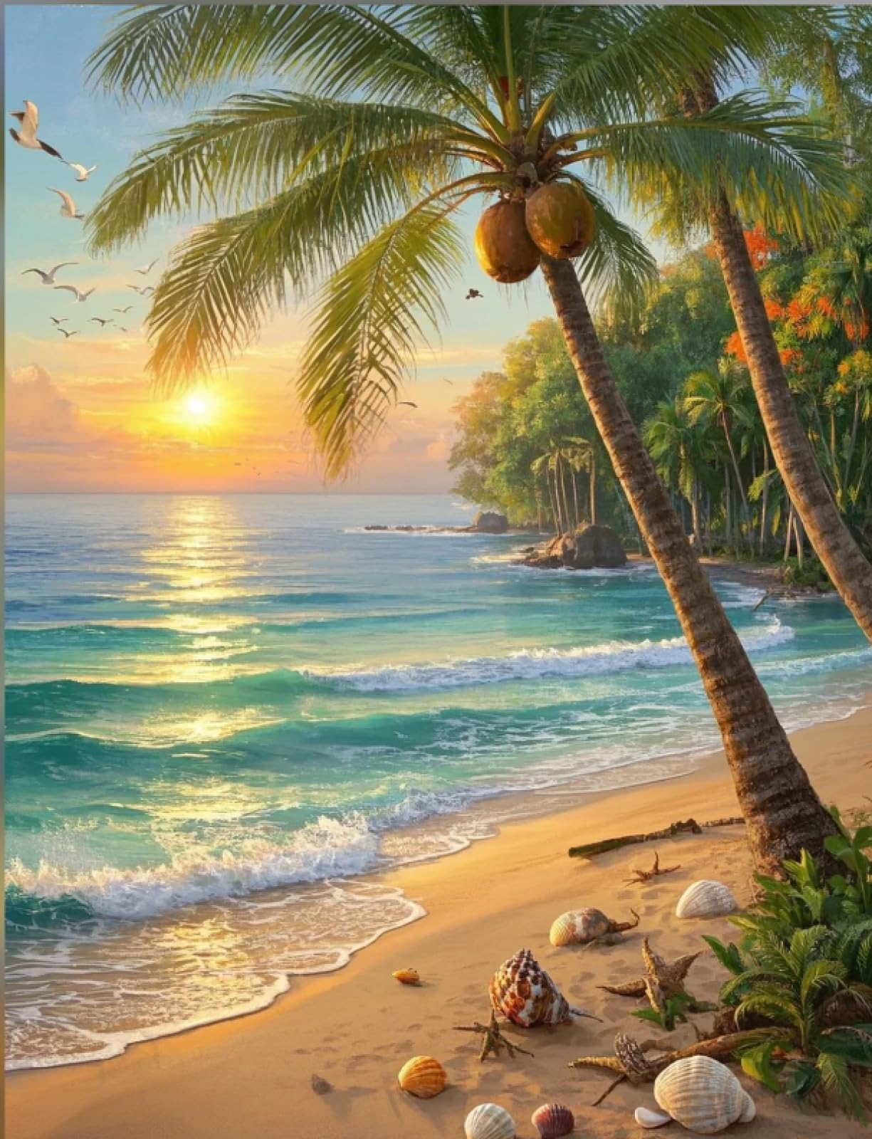 Stithej Stamped Cross Stitch Kit Seaside Coconut Tree Sunset Adult Beginner