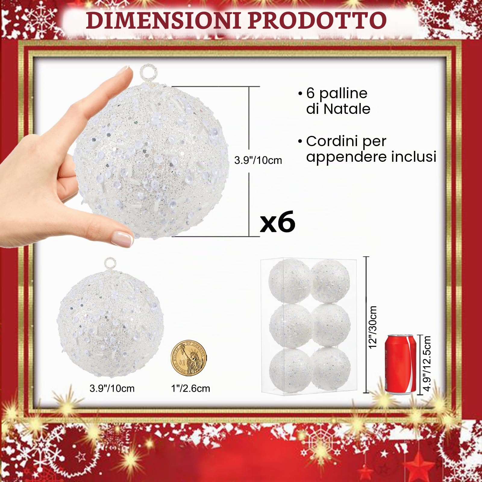Oairse Palline di Natale grandi, 10 cm, 6 pezzi, infrangibili, bianche, per albero di Natale, glitter, decorazioni per albero di Natale, Halloween, vacanze, matrimoni, feste