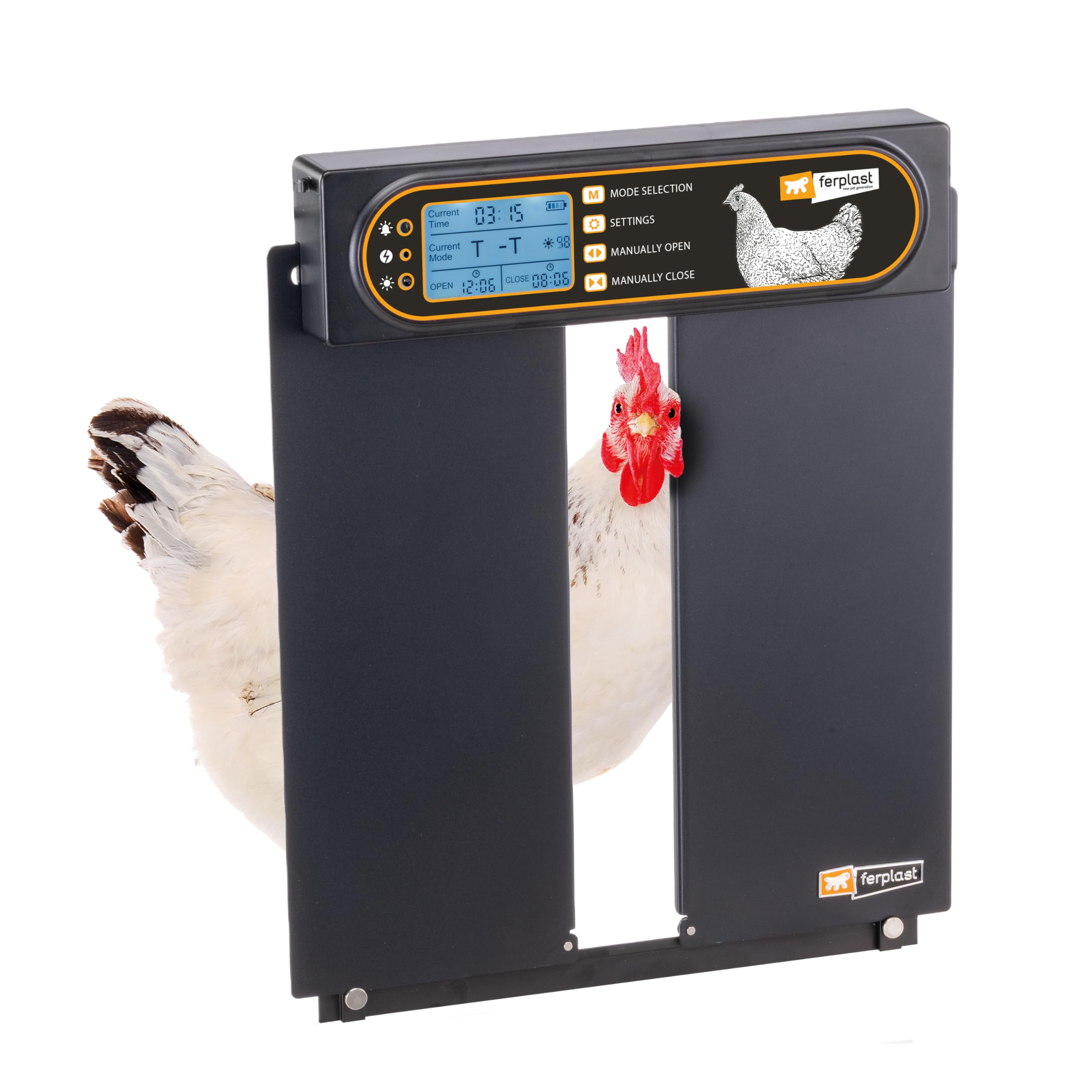 Ferplast Hühnerstalltür mit automatischer Öffnungs- und Schließfunktion, programmierbarem Timer, aus Aluminium, mit Solarpanel und wiederaufladbarem Akku, 28 x 4 x H 38 cm.