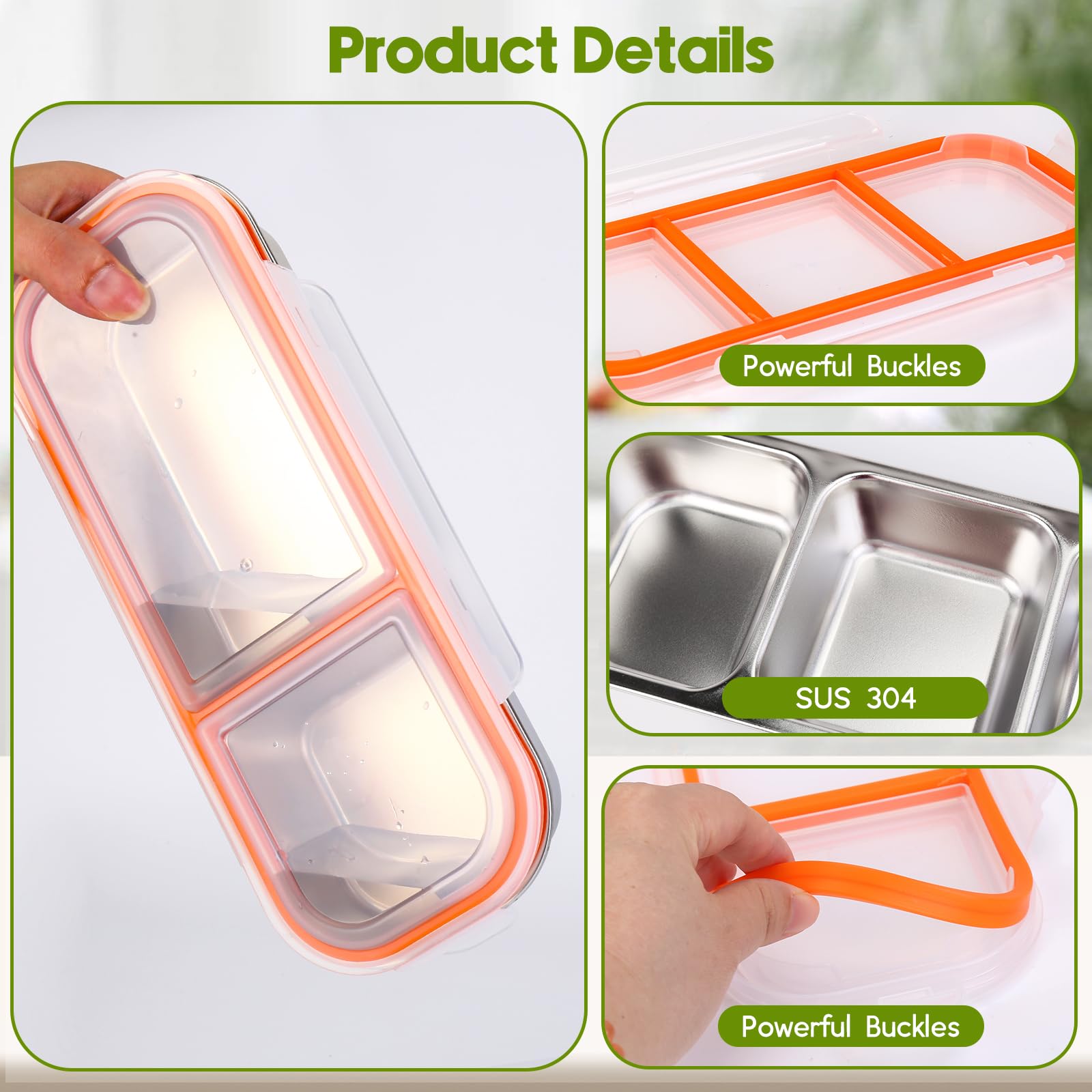 VAlinks Snack-Behälter mit auslaufsicherem Deckel, 304 Edelstahl, Bento-Snack-Box, geteilte Lunchbox, Lebensmittelbehälter für Zuhause, Offizier, Fitnessstudio, Reisen, 3 Stück