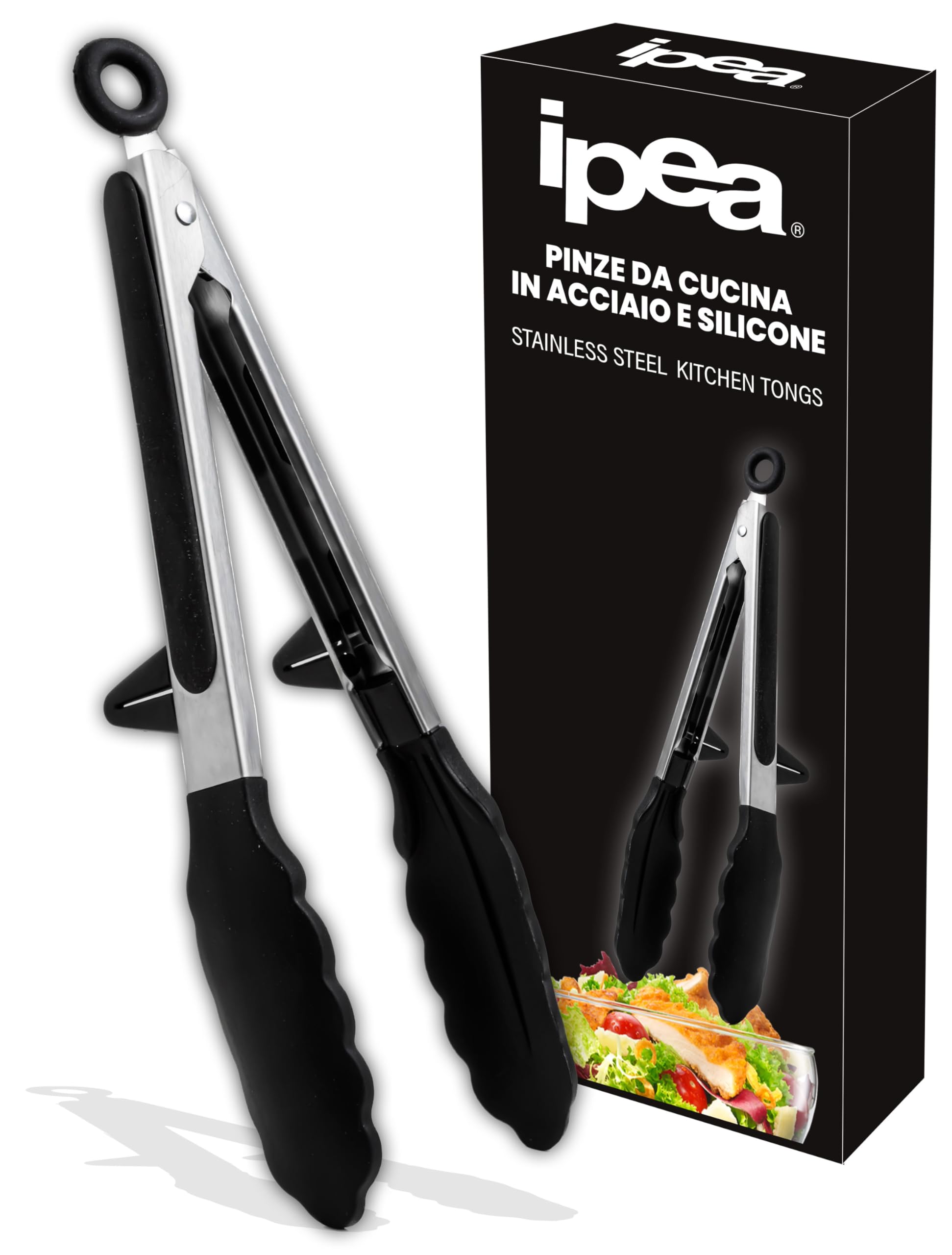 IPEA Stainless Steel Kitchen Tongs with Silicone Tips – 35 cm – Professional Tongs for Barbecue, Meat, Salad, Pasta Buffet with Locking System – Heat Resistant Chef Tongs