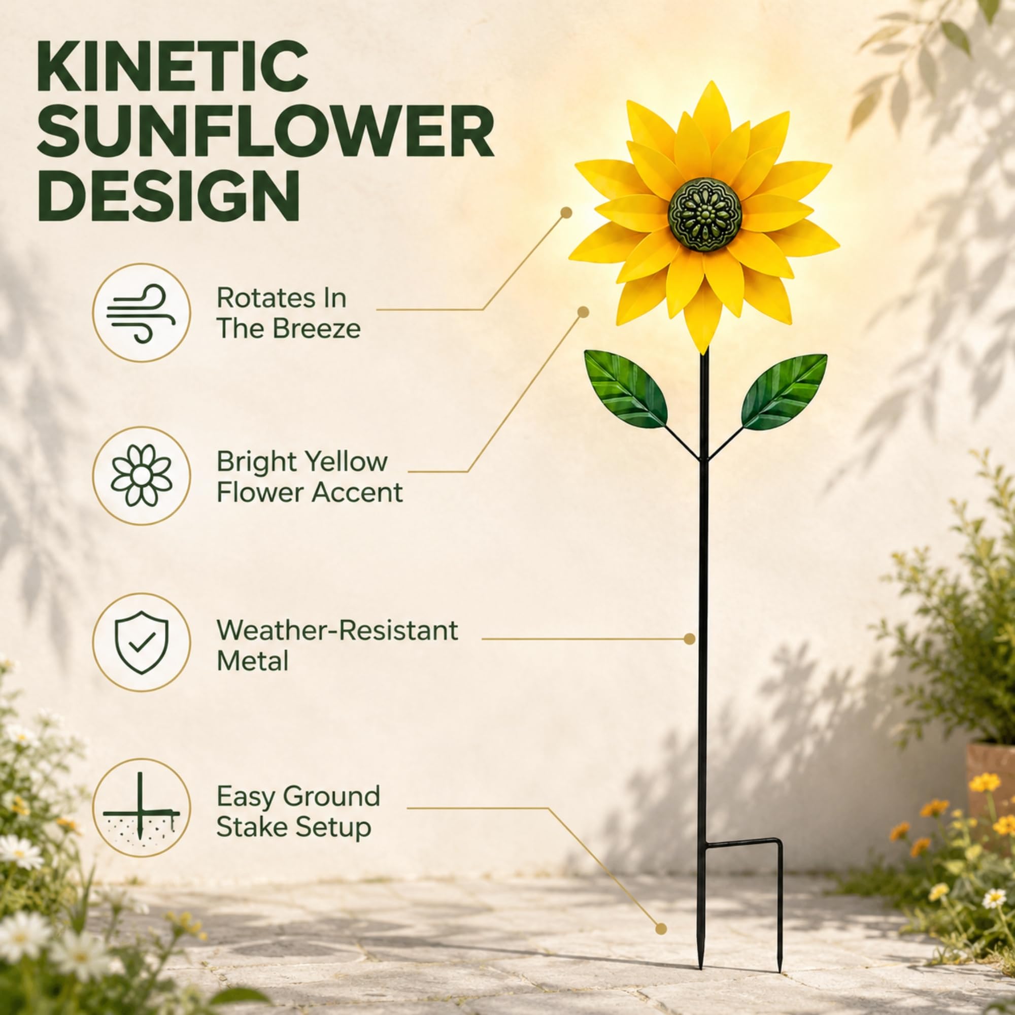 Girandola a vento in metallo con fiore (giallo) - Kinetic Outdoor Yard Art Decor, scultura rotante a vento di girasole per prato patio decorazione giardino