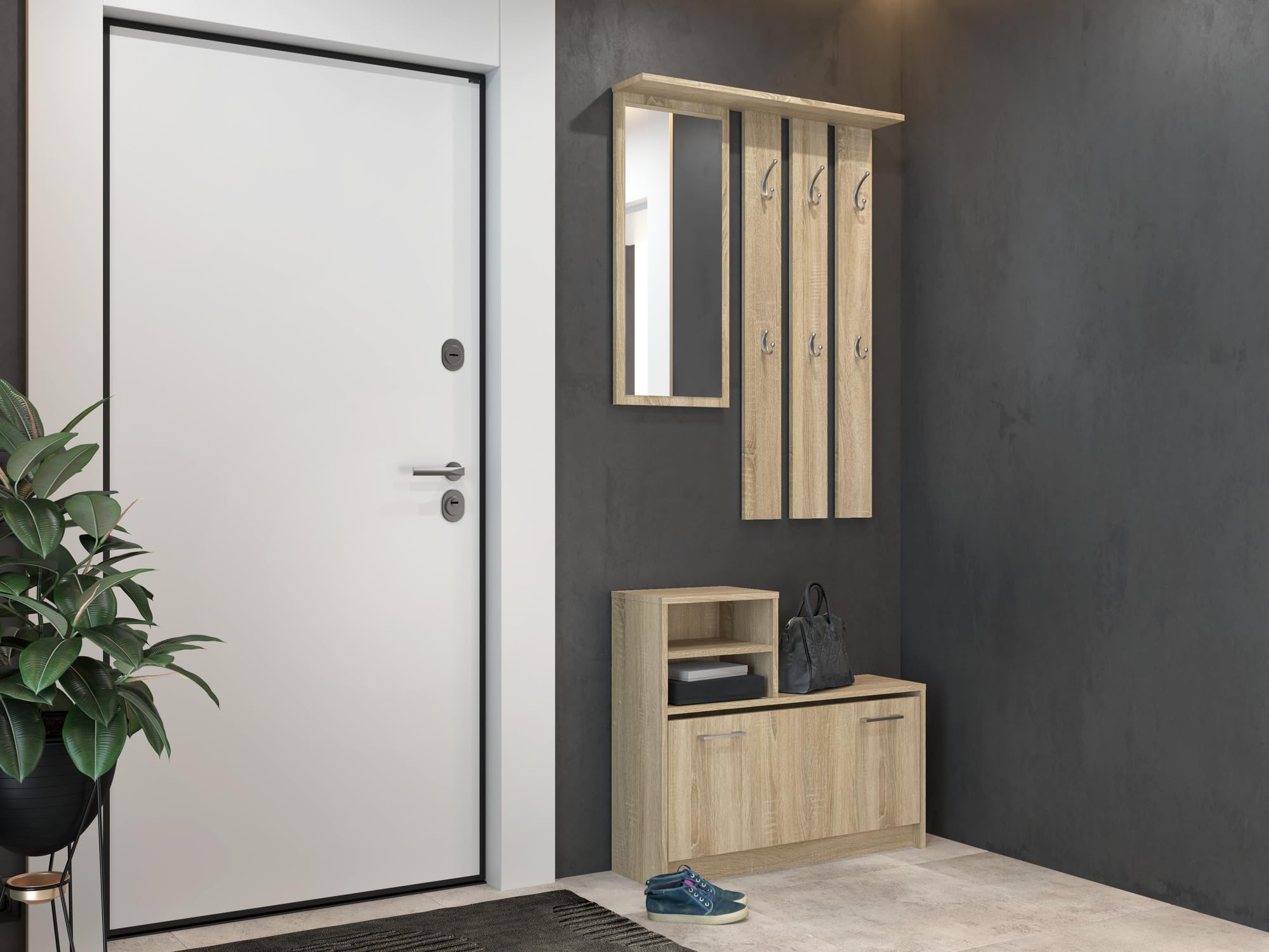 Oggi Armario de Entrada con Espejo 85x160x24 cm Perchas Zapatero Armario de Tablero Laminado de 16 mm Diseño Moderno Minimalista Moderno Roble Sonoma