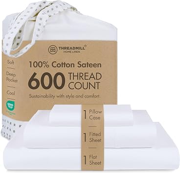 Threadmill 100% Cotton Sheets for Twin Size Bed - 600 Thread Count Twin Bed Sheets Set with 15 Deep Pocket - Sateen Weave 3-Piece Bedding Set with Cooling Effect, White
