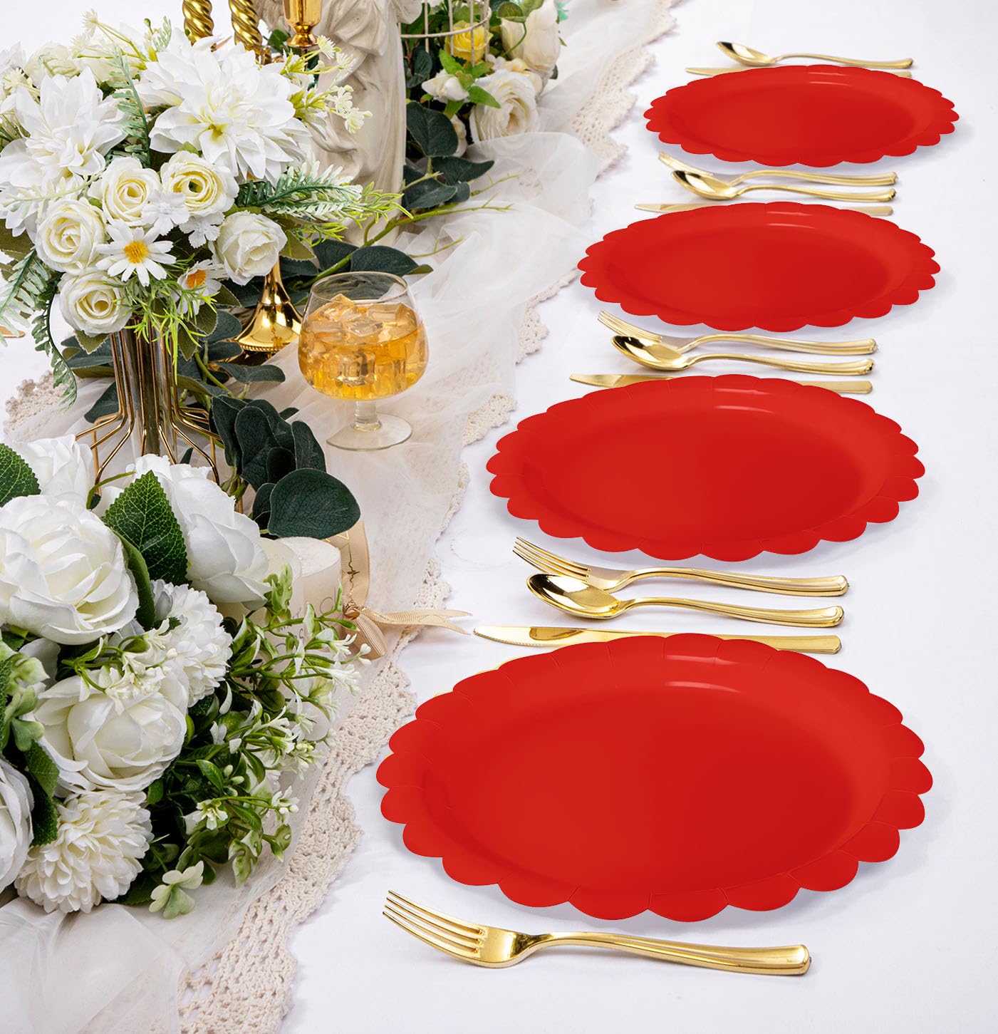 HEIPINIUYE 50 platos de papel rojo de 7 pulgadas, platos festoneados rojos, platos desechables para boda, baby shower, fiesta de cumpleaños, platos de postre