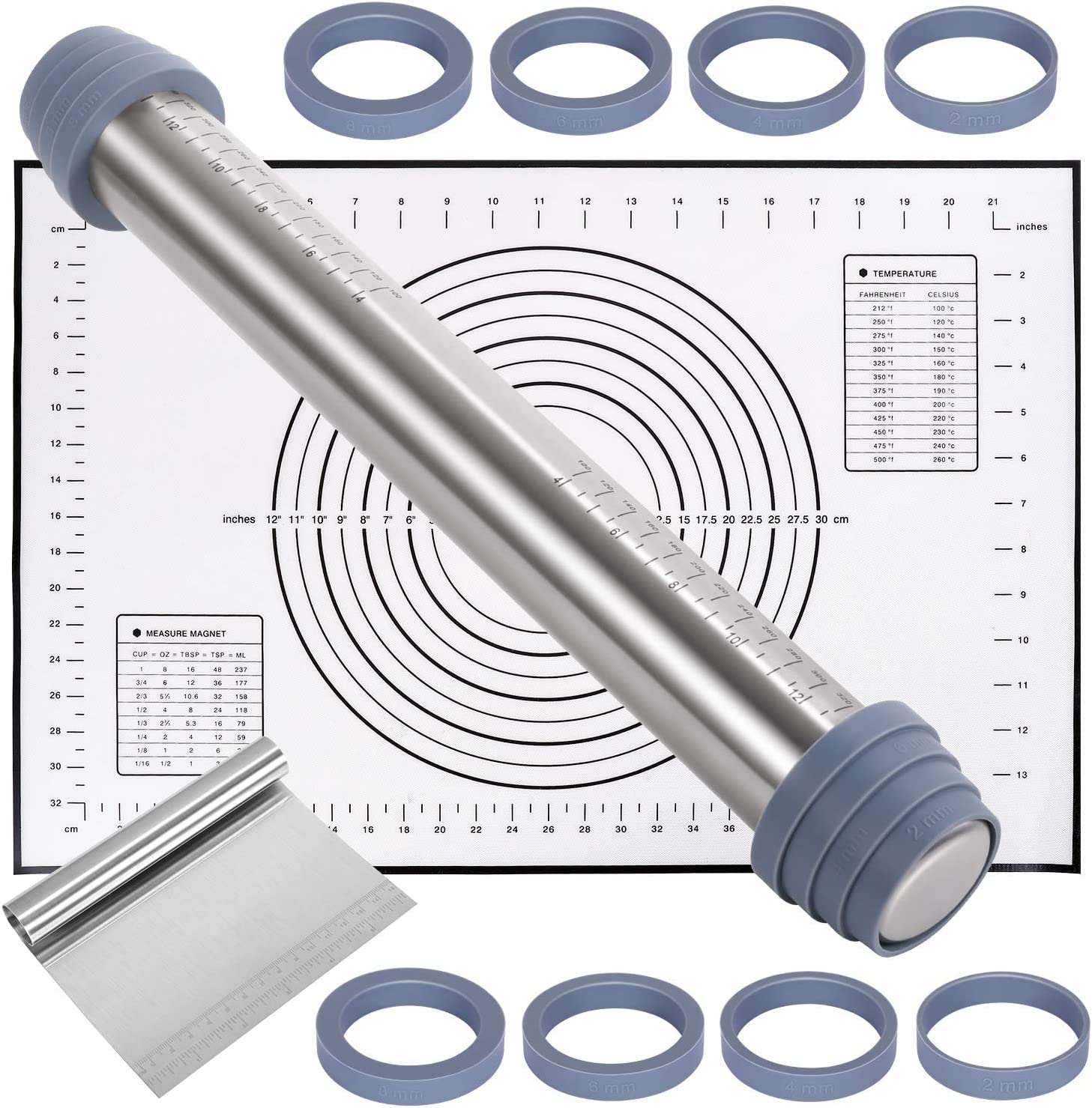 Rouleau à Pâtisserie Antidérapant en acier Inoxydable pour la Cuisson avec Tapis de Cuisson en Silicone et Grattoir, Anneaux D'épaisseur Réglables Amovibles, Accessoires de Cuisson