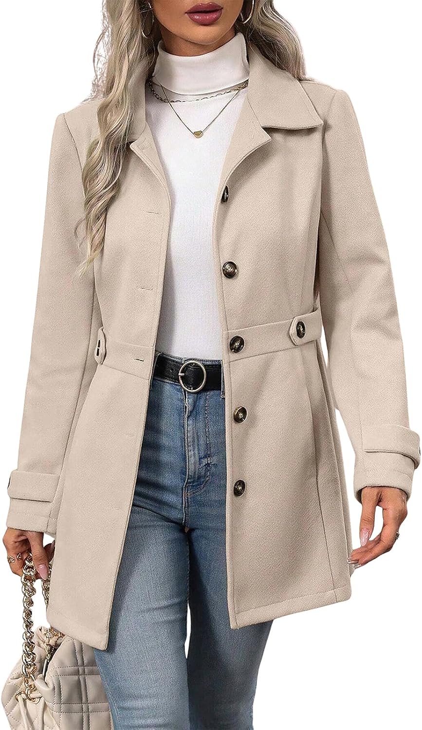 Women's Single Breasted Pea Coat Winter Notched Lapel Mid Long Wool Blend Trench Coat