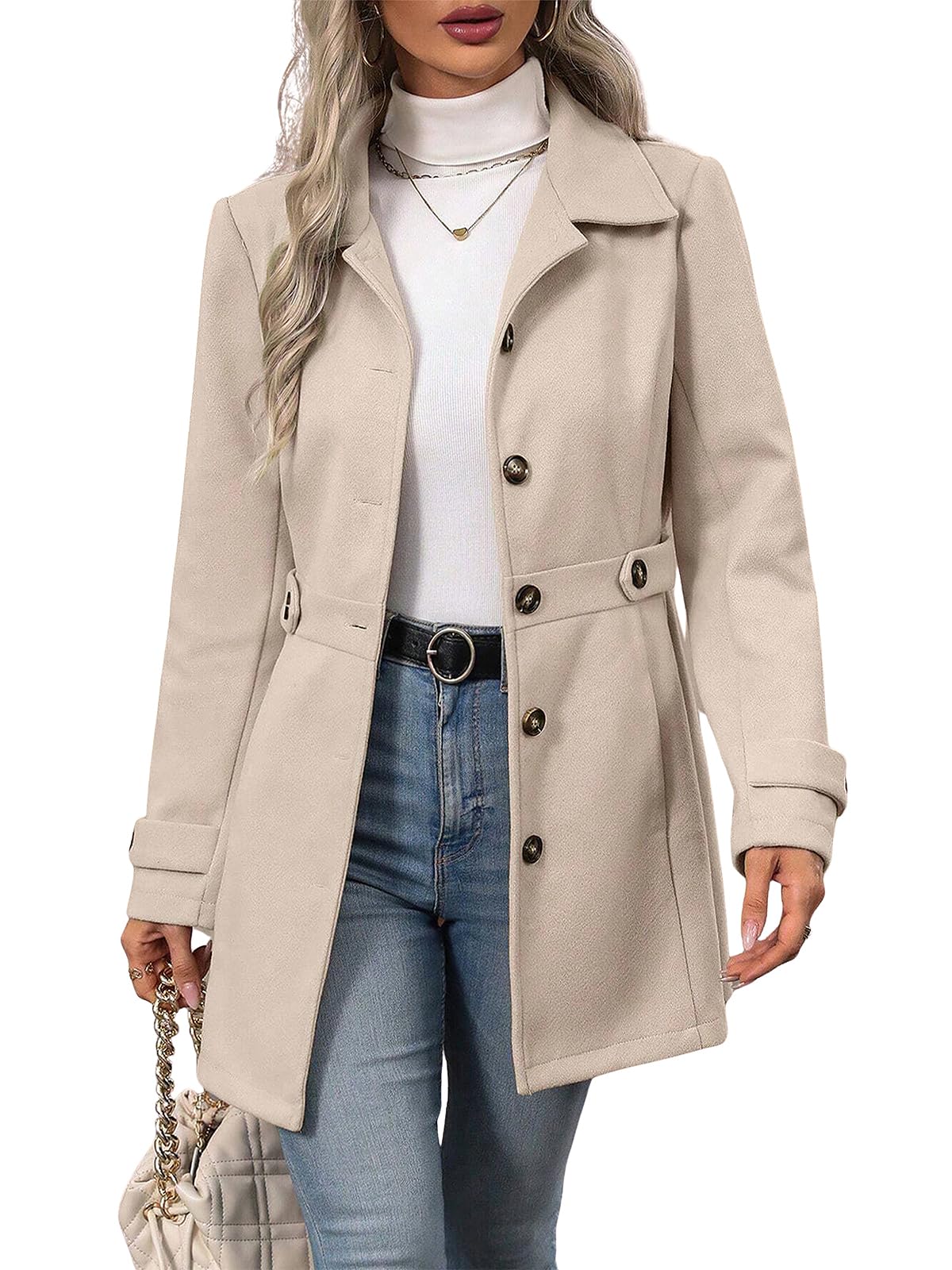 Womens Single Breasted Pea Coat Winter Notched Lapel Mid Long Wool Blend Trench Coat