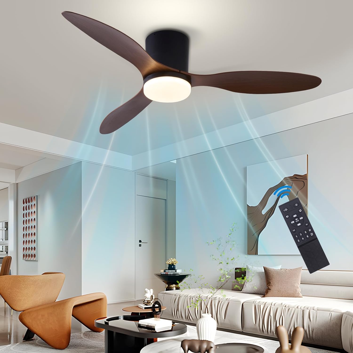 Ceiling Fans with Lights, 42 inch Low Profile Ceiling Fan with Light and Remote Control, 3CCT, Reversible, Noiseless, Flush Mount Ceiling Fan for Bedroom, Black Walnut