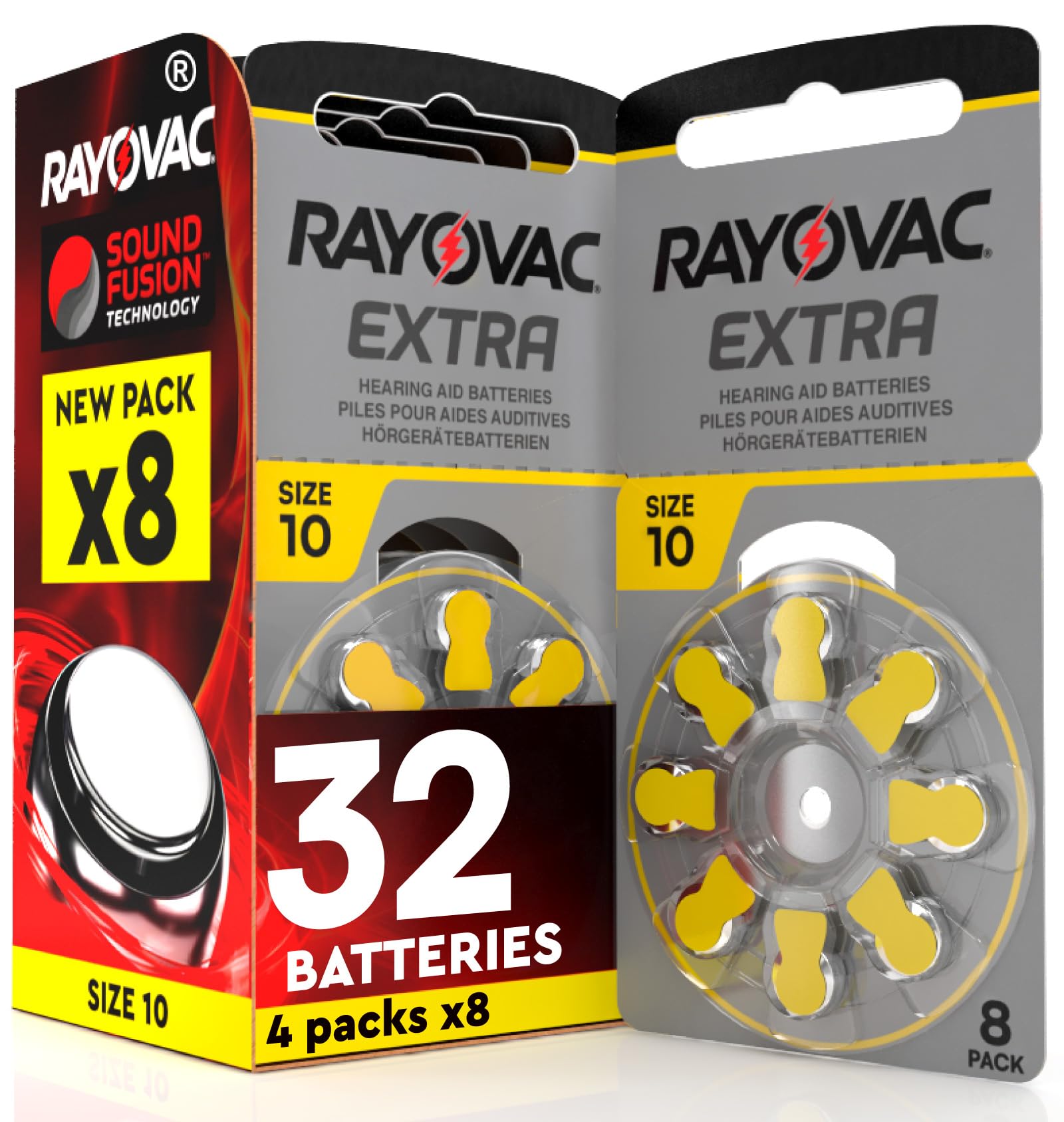 32 Hearing Aid Batteries Size 10 Rayovac (Yellow) PR70 Zinc-Air with Sound Fusion Technology - 4 Blisters of 8 Batteries