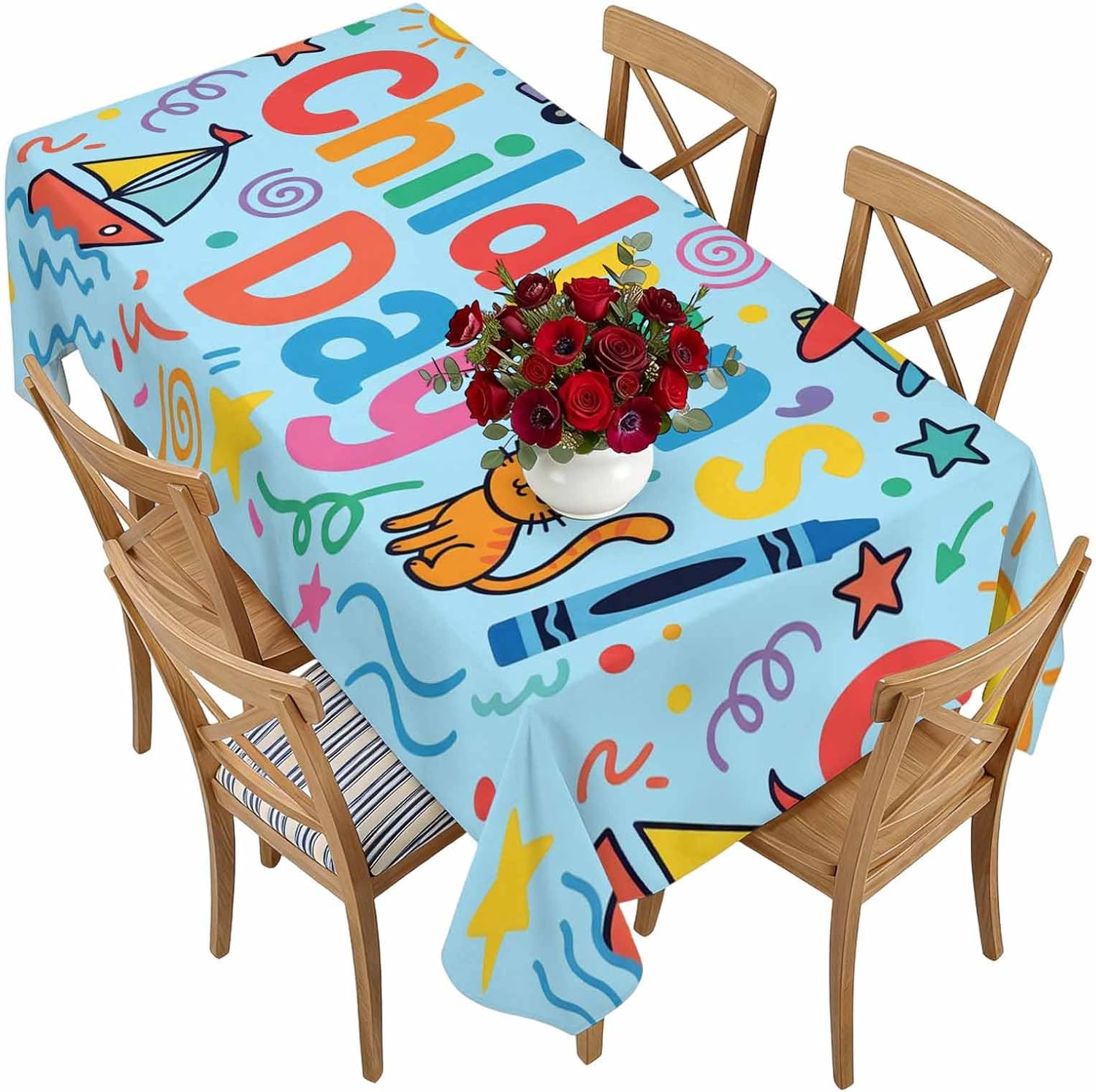 Children's Day Rectangle Tablecloth, Cartoon Cute Watercolor Truck Cat Blue Waterproof & StainResistant Tablecloth, Washable Oil-proof Table Cover for Dining/Party/Wedding/Camping/Buffet 54x108 In