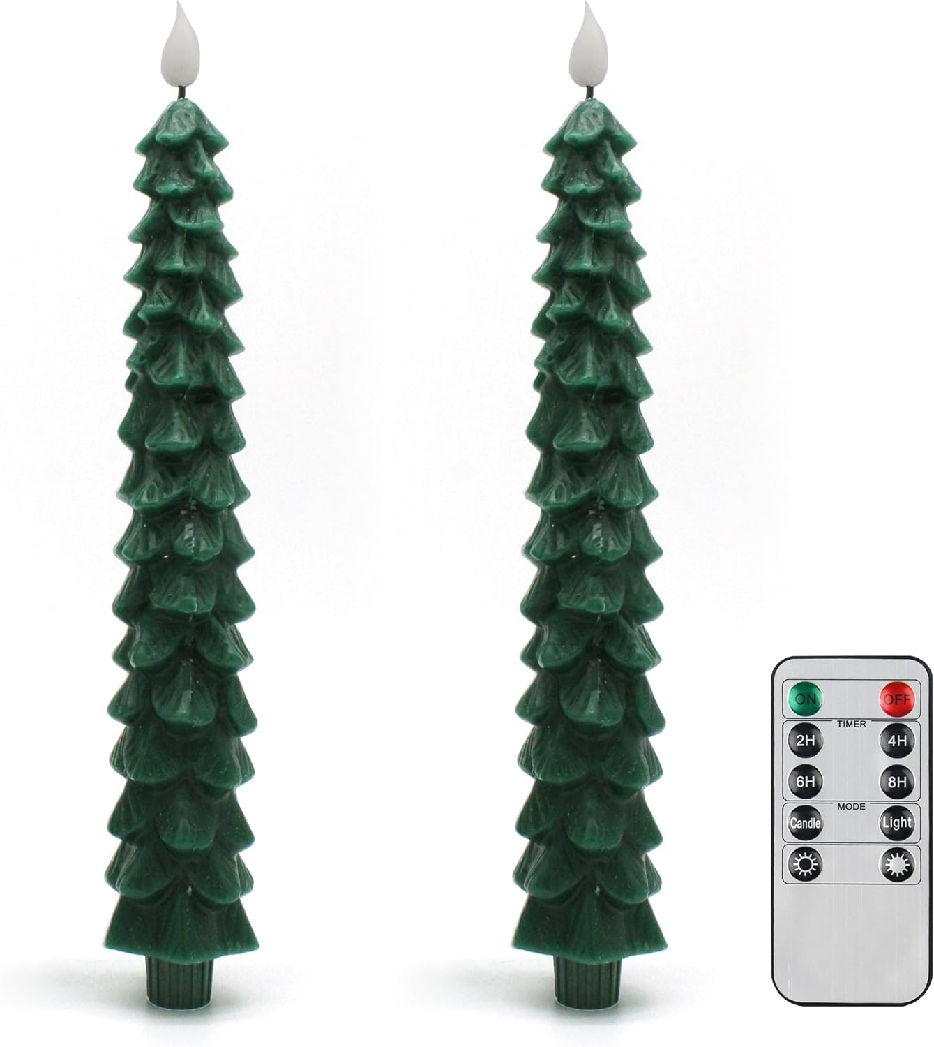 CVHOMEDECO. Christmas Tree Candles Battery Operated Taper Candle with Remote and Timer, Christmas LED Flameless Flickering Candles for Christmas Decor. 11.5 Inch, Pack of 2