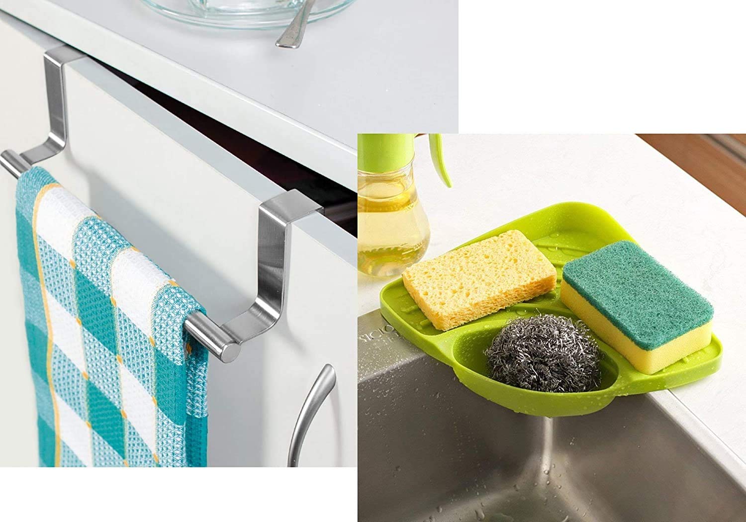 VaozaBrushed Steel Kitchen Towel Holder and Corner Sink Wash Basin Storage Organizer Rack