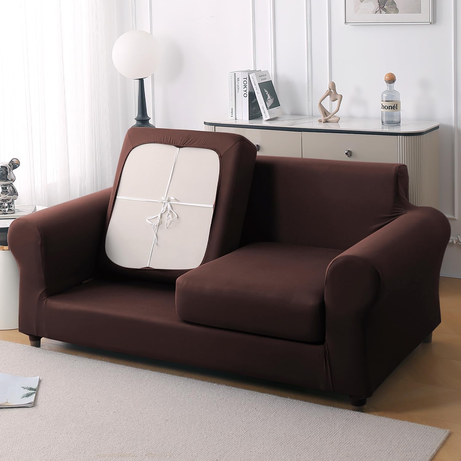 HOKIPO Sofa Cover with Seat Cushion Cover for 2 Seater Sofa | 'SereneSolids Series' 140gsm Fully Covered Sofa Cover, Coffee (AR-6269-CFE)-image-44