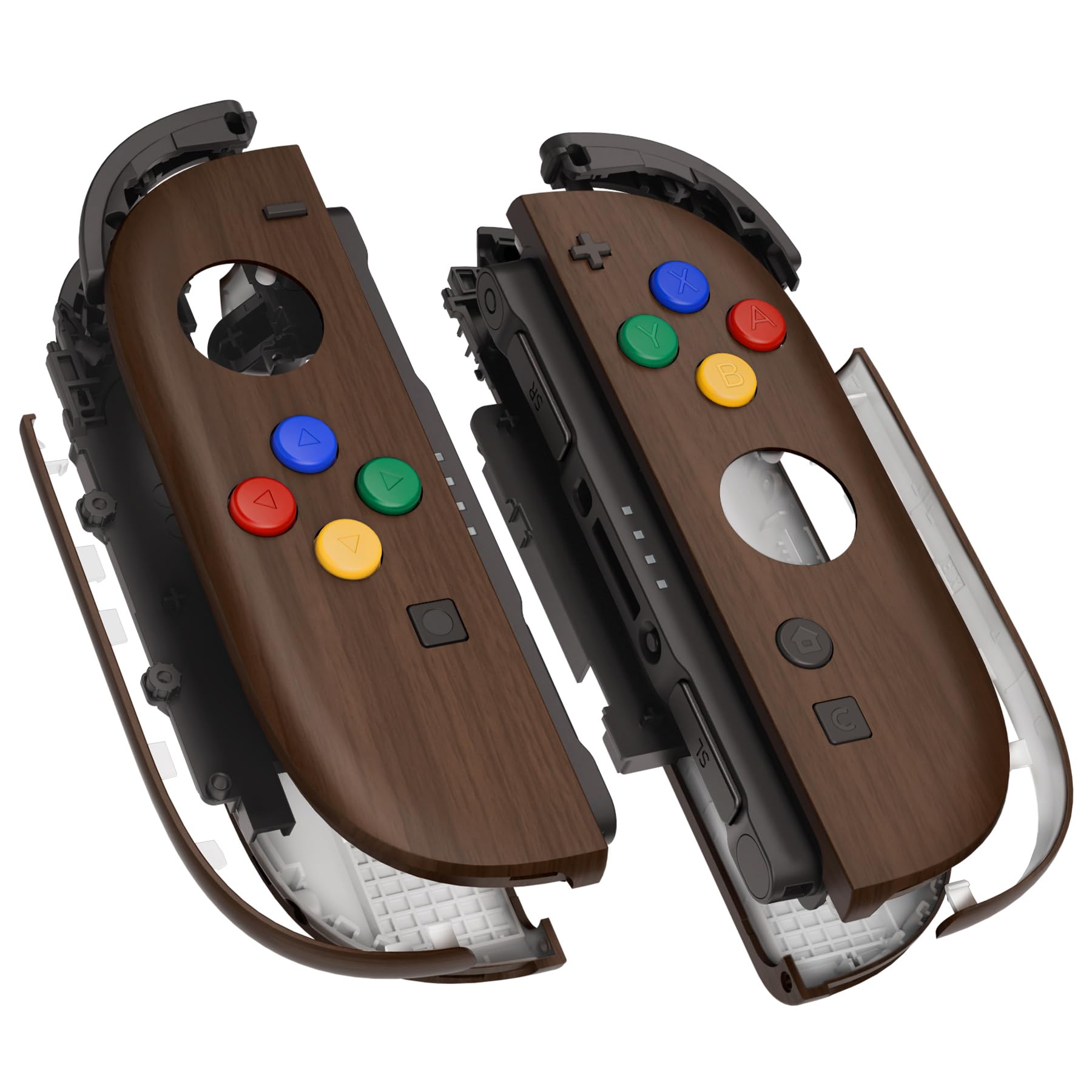 eXtremeRate DIY-Ersatz Full Shell & Button Zubehör für Switch 2 Joycons, Deluxe Version Front Gehäuse/Back Case/Griff Deko-Streifen/Mittel Rahme/Knöpfe Set für Nintendo Switch 2 Joy Con-Holz Optik