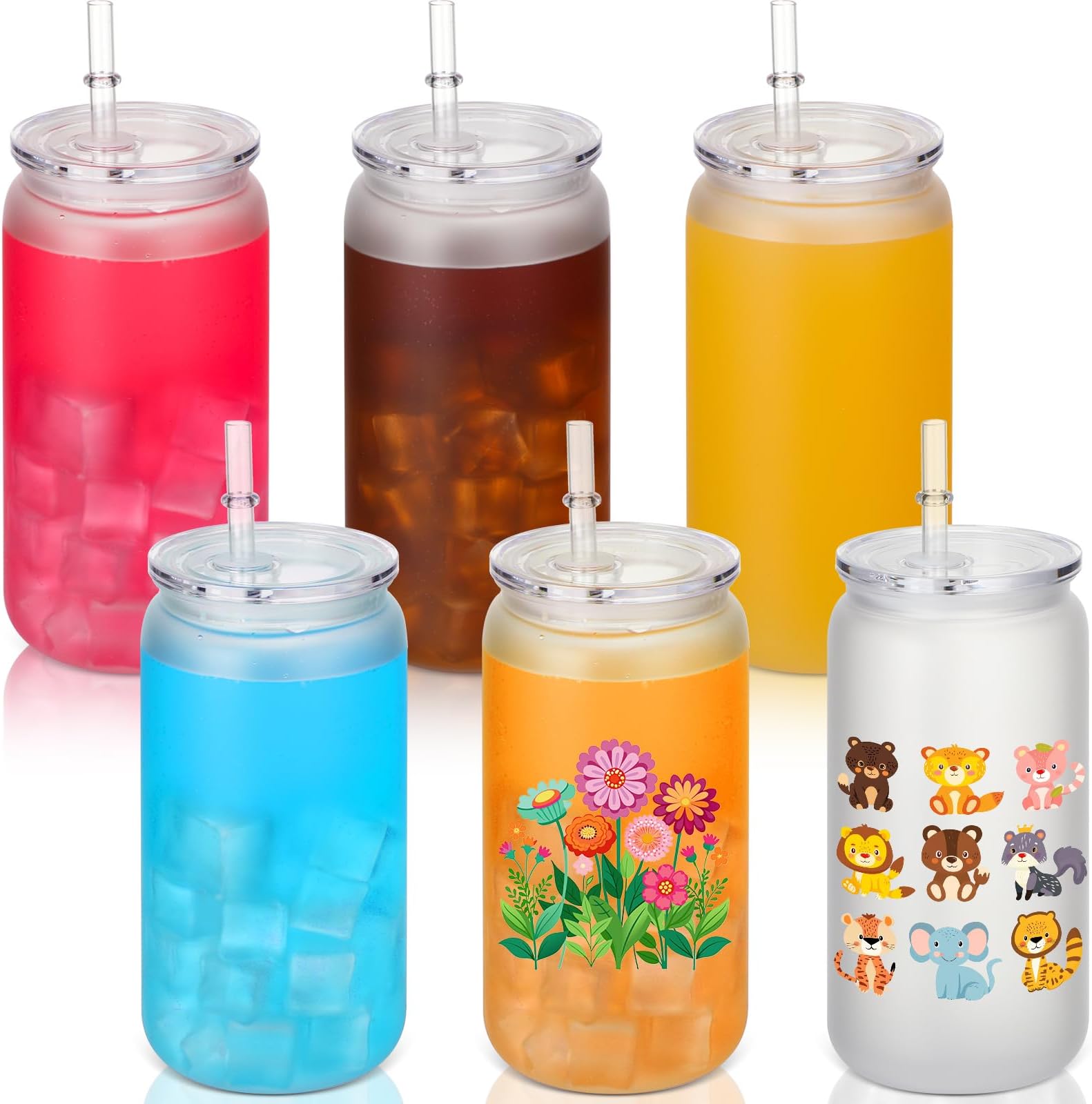 6 Pack Acrylic Mason Jars with Lids and Straws 16 oz Drinking Plastic Tumbler with Straw Iced Coffee Cups Water Bottles Mugs for Wedding Party Favor Milk Beer Juice Beverage (Opaque White)