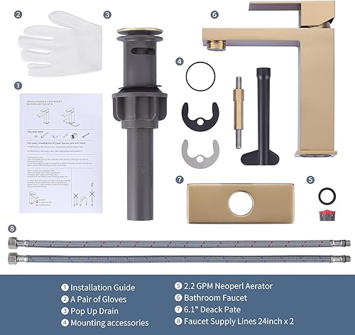 Miniatura 7 de Grifo de Baño de Oro Cepillado ARCORA Grifos de Baño Modernos para Lavabo 3 Agujeros 1 Agujero Grifo de Lavabo de Tocador con Placa de Cubierta y