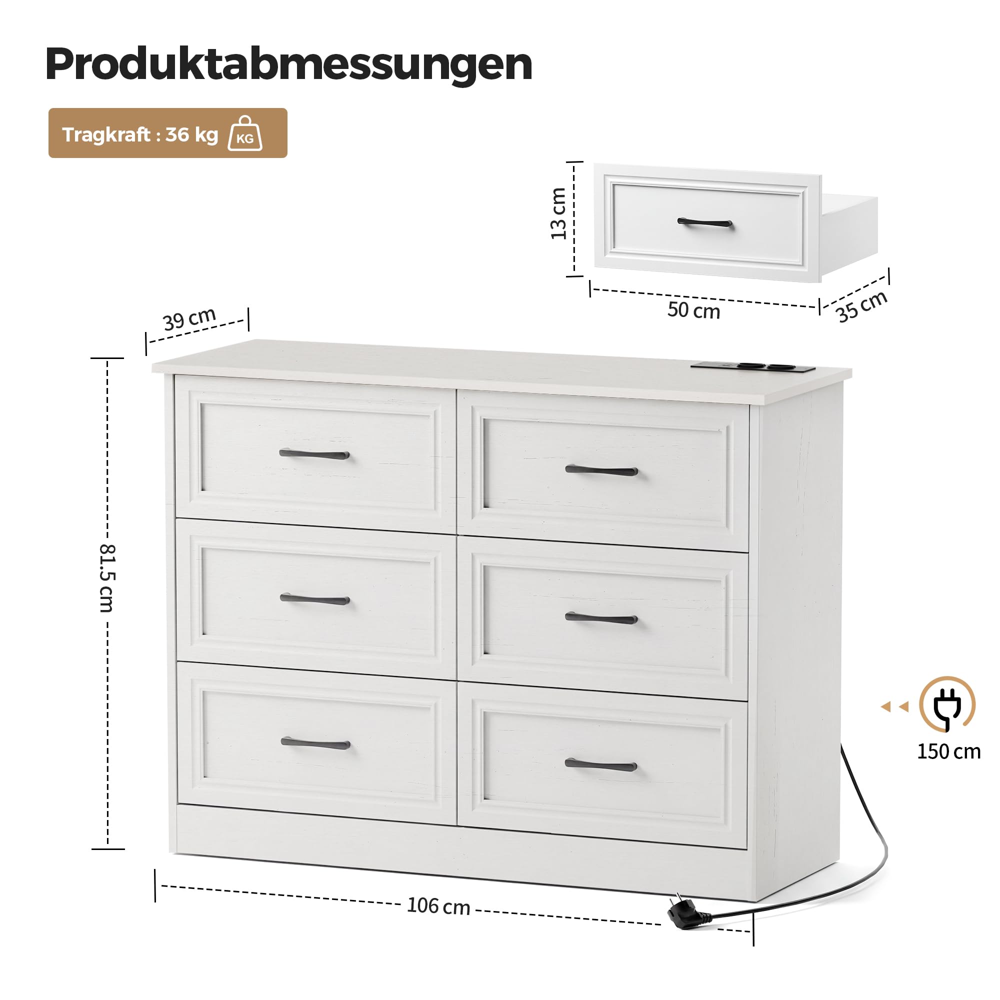 BonVache Kommode mit Steckdosen, Komode mit 6 schubladen, 2 USB & 2 AC-Anschlüssen, Komodenschrank Holz, für Schlafzimmer, Wohnzimmer, Flur, 106 x 81.5 x 39 cm, Weiß