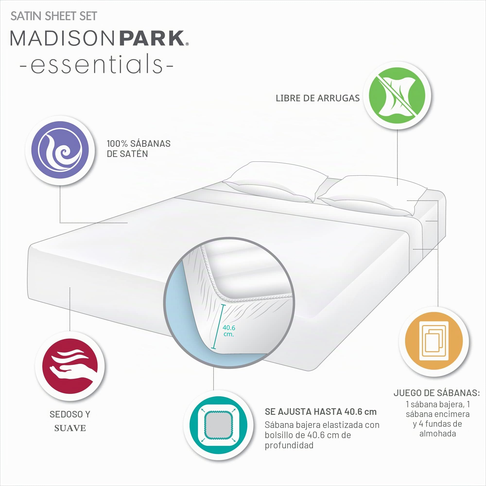 Madison Park Essentials - Juego de sábanas de satén Lujoso y Sedoso con Brillo Natural, Bolsillo Profundo de 16 Pulgadas de Profundidad, elástico en Todo el año, matrimonial, Rubor, 6 Piezas