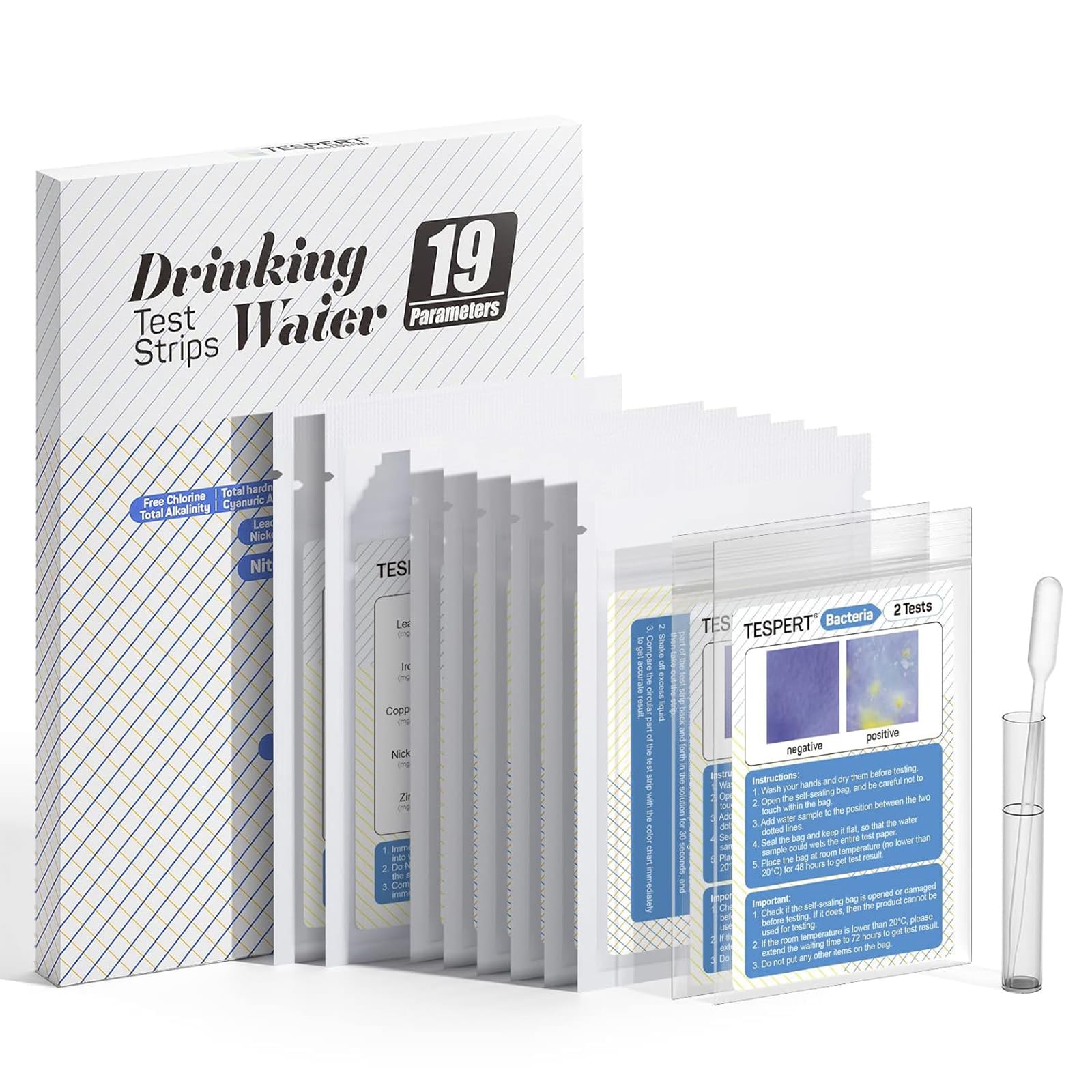 TESPERT Water Testing Kits for Drinking Water 19 Indicators - 102 Strips Drinking Water Test Kit - Water Test Strips with Escherichia coli, Hardness, Lead, Iron, Copper