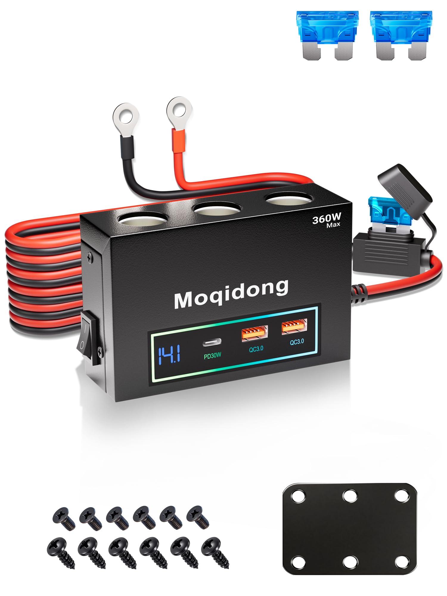 Presa Accendisigari Auto 12V/24V, 3 Uscite 360W, 2 Porte USB QC3.0, Cavo 2m con Interruttore