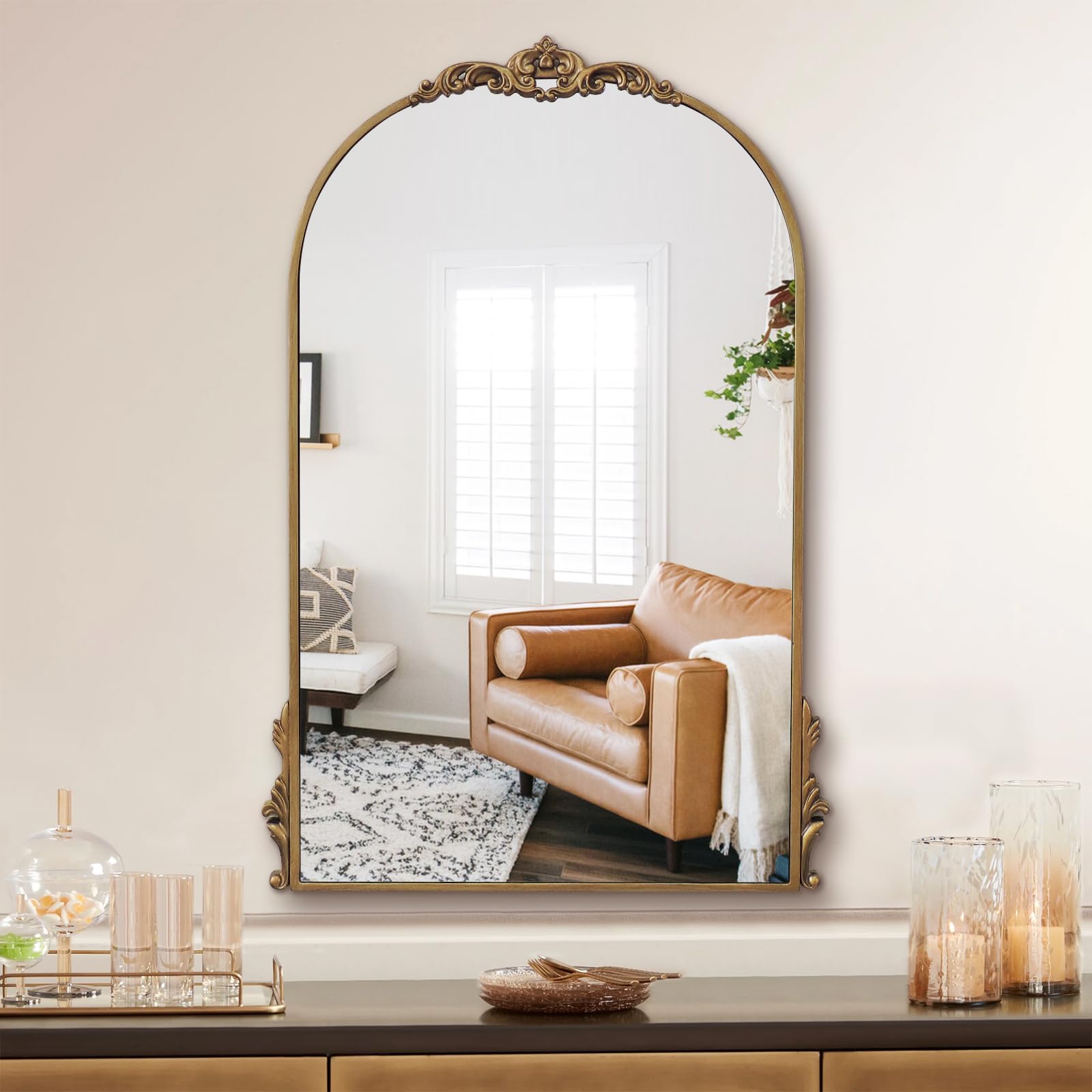 Carved Arched Wall Mirror, 24" x 36" Antique Gold Bathroom Mirror, Ornate Baroque Decorative Mirror for Living Room, Fireplace, Bedroom, Entryway 36"L x 24"W