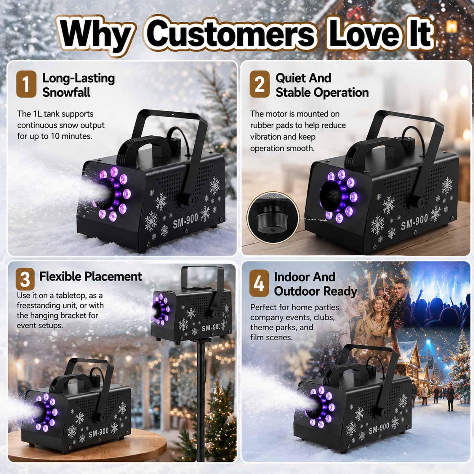 Macchina Per Fiocchi Di Neve Artificiali Da 900 W, 9 Led Con 15 Effetti Luminosi Colorati, Doppia Maniglia E Telecomando, Distanza Di Emissione 3-5 M E Distanza Del Telecomando 8-10 M