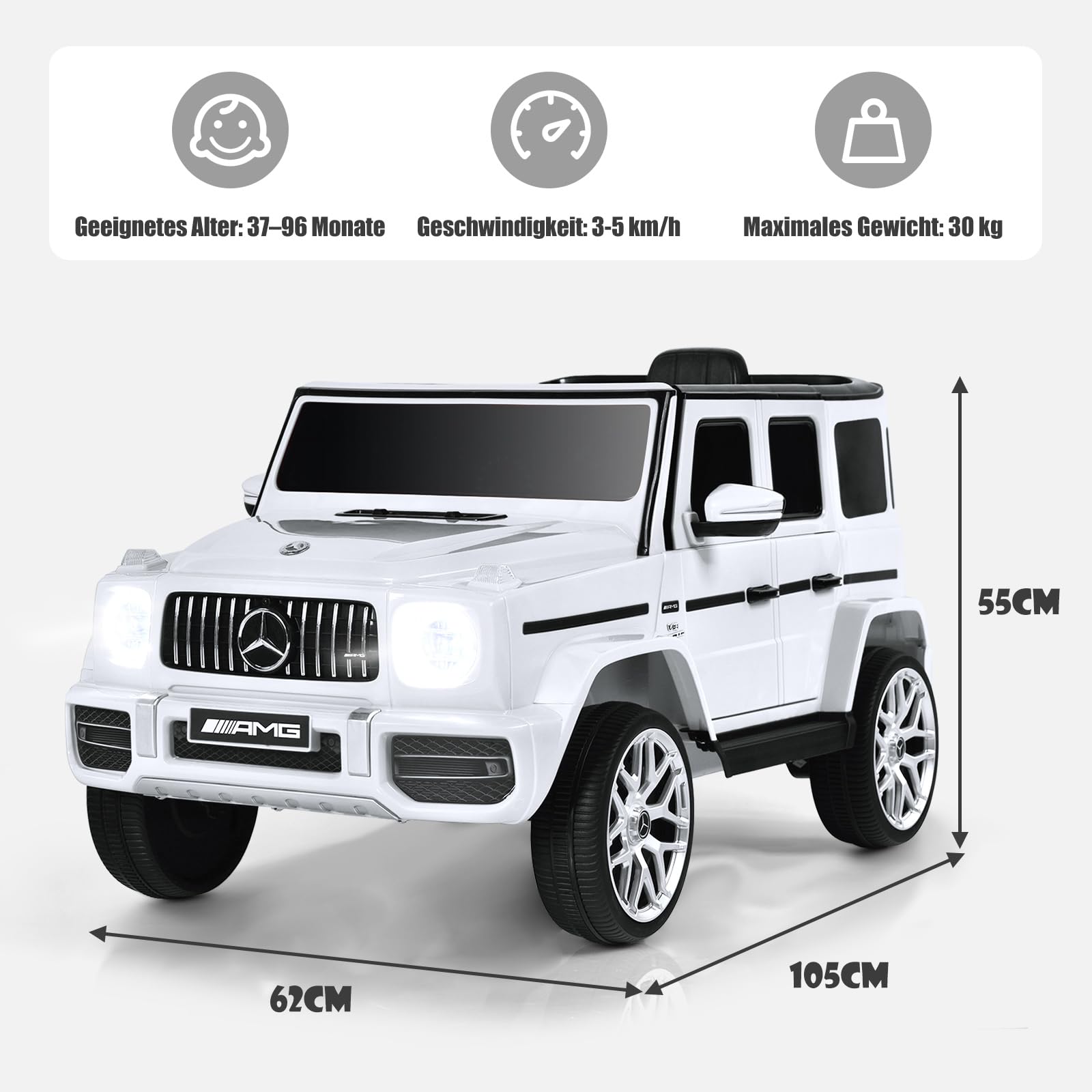 DREAMADE 12V Mercedes-Benz Elektroauto mit Fernbedienung & Sicherheitsgurt für Kinder ab 3 Jahren - LED-Lichter, Musik, USB, Hupe (Weiß)