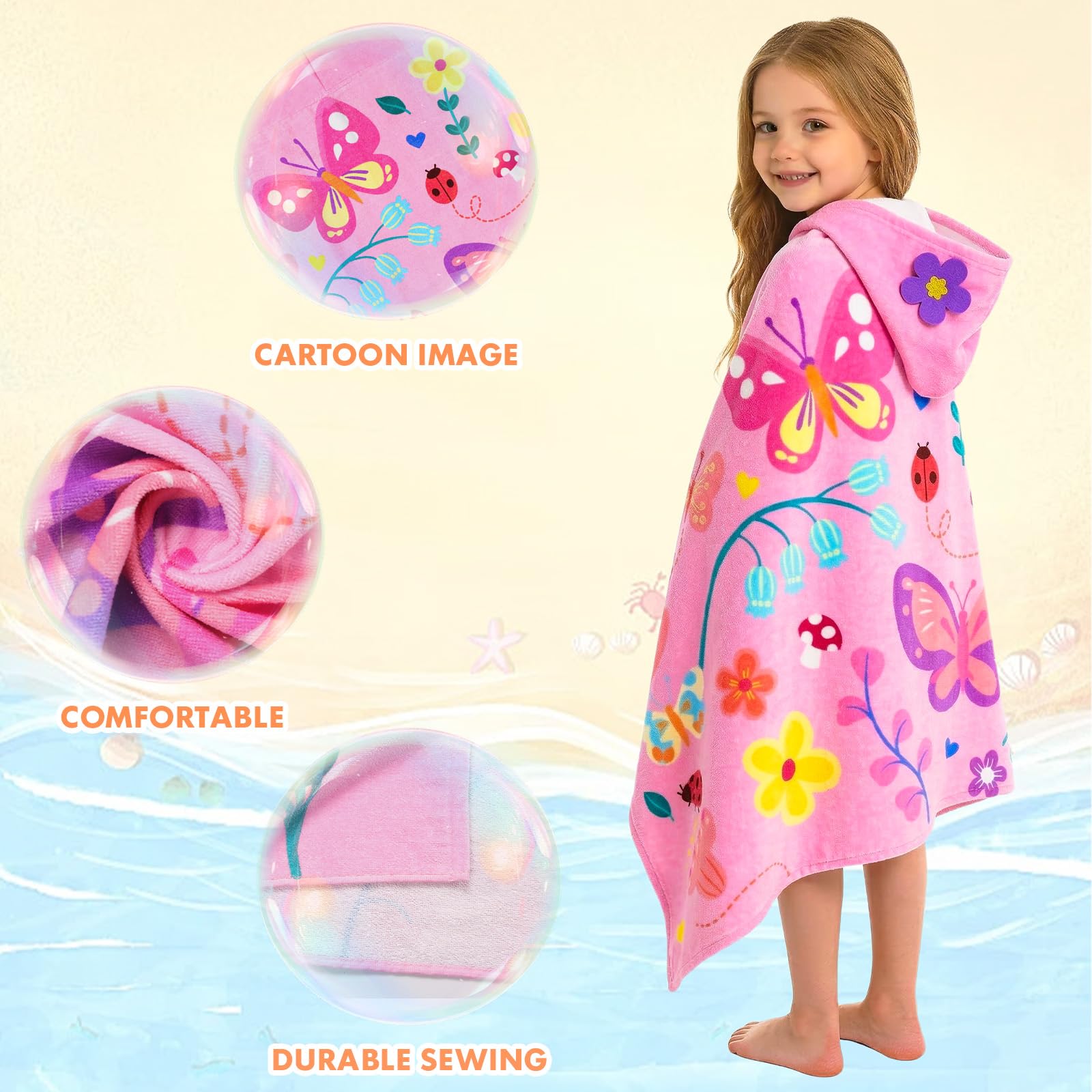 Pinksheep Hooded Bath Towel for Girls Age 3-10,100% Cotton Butterfly Toddler Towel with Snap Buttons,Super Soft and Absorbent Kids Beach & Swim Towel 30x50 Inches - 5