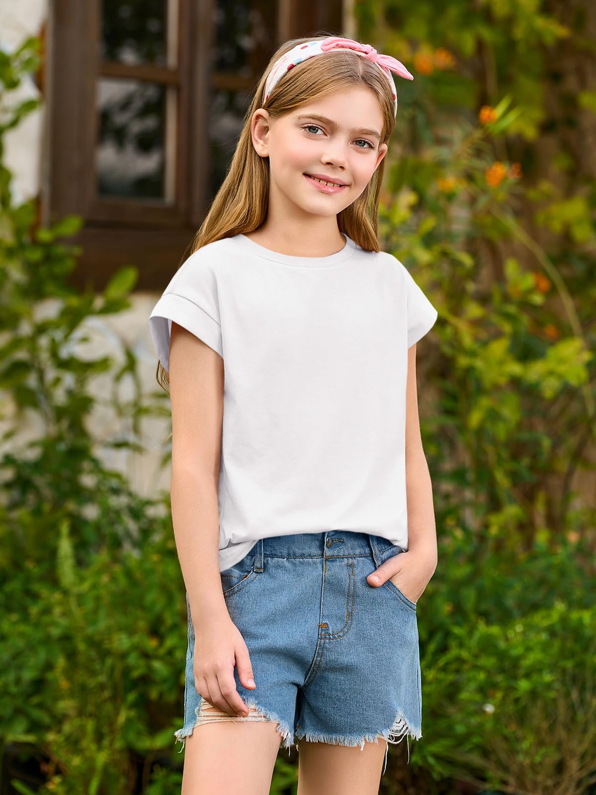 Haloumoning Girls Summer Cap Sleeve Shirts Kids Casual Cute Crewneck Tunic Tops Tees 5-14 Years White