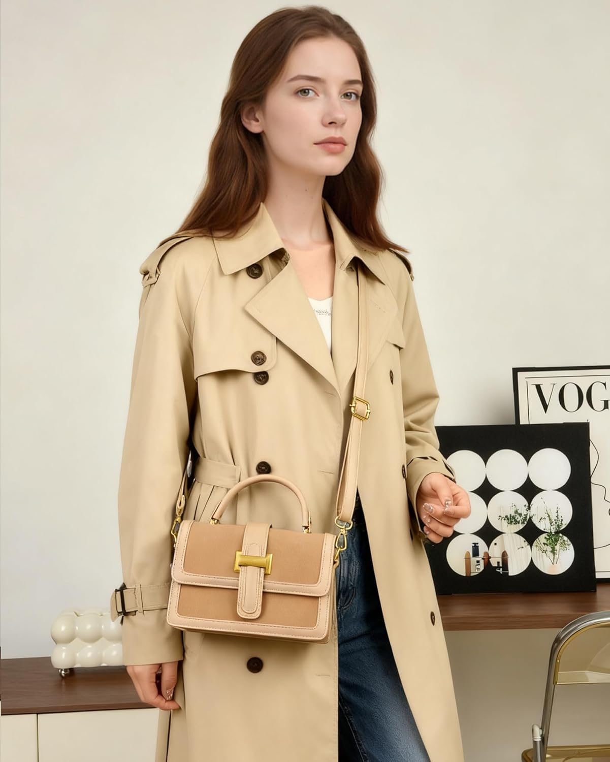 Micmores Mini Crossbody Bag - Faux Suede & Vegan Leather Small Square Purse for Women, Top Handle Shoulder Clutch