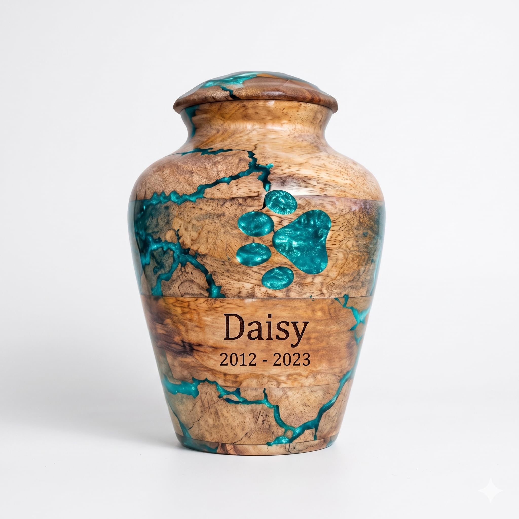 Emporium Crafts Wooden Urn - Personalized Pet Urns, Custom Cremation Urn - Memorial Keepsake Urn - Unique Decorative Urns, Resin Paw Inaly (Cyan)