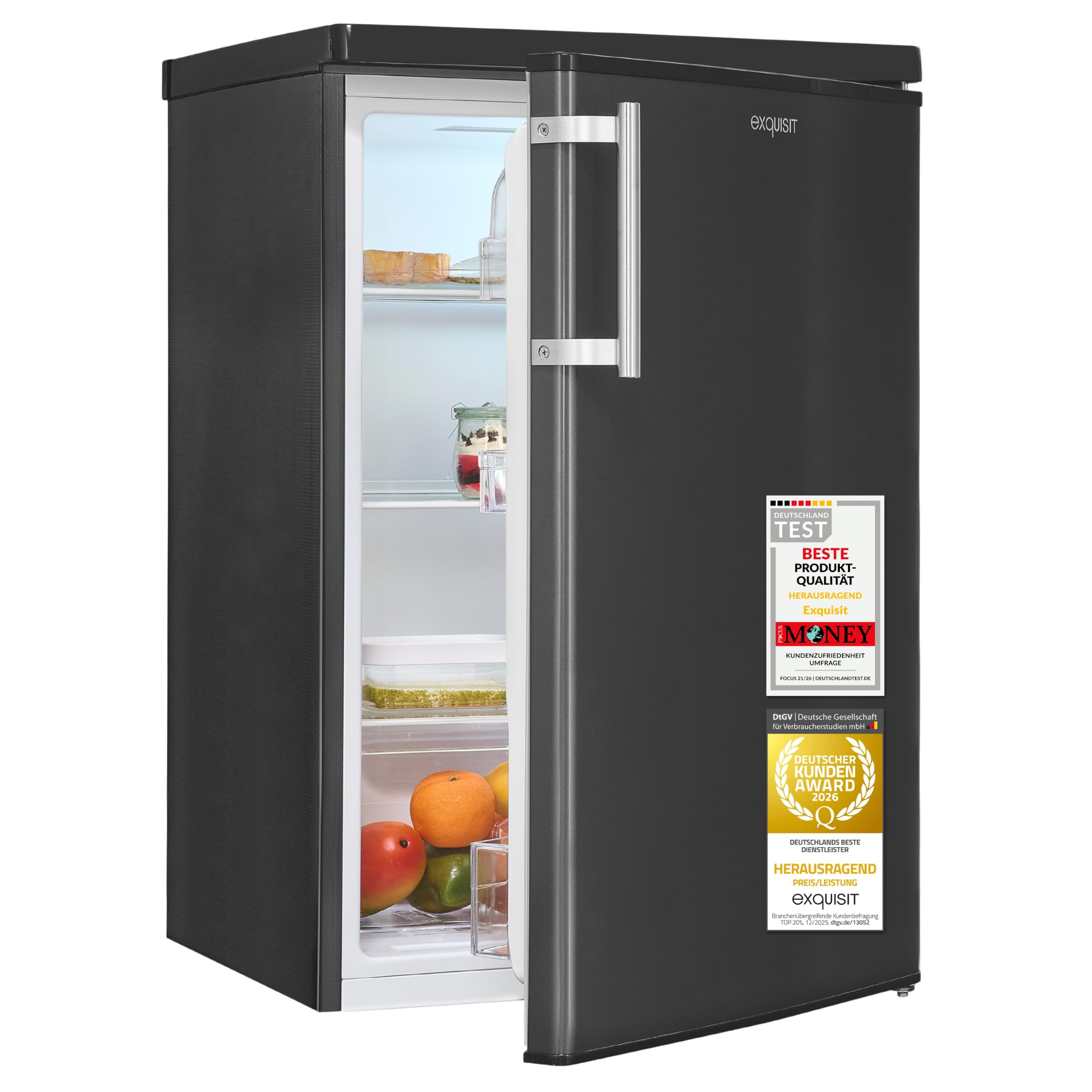 Exquisit KS516-V-H-040E Inoxlook-az - Frigorifero intero da 127 l, classe energetica E, illuminazione a LED, silenzioso 39 dB, larghezza 55 cm, cerniera della porta intercambiabile