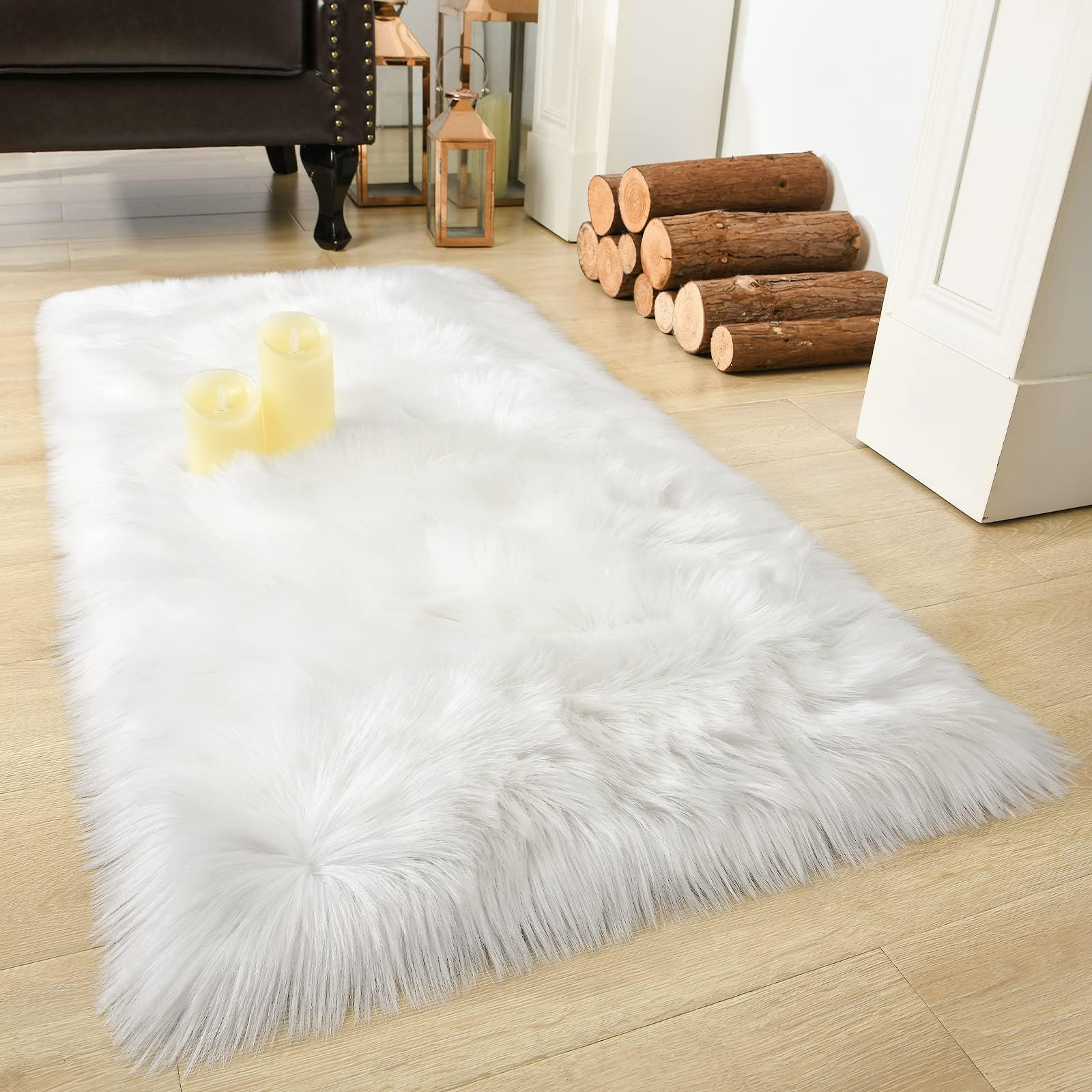 LOCHAS Ultra Soft Fluffy Faux Fur Sheepskin Area Rug for Bedroom, 2x4ft White