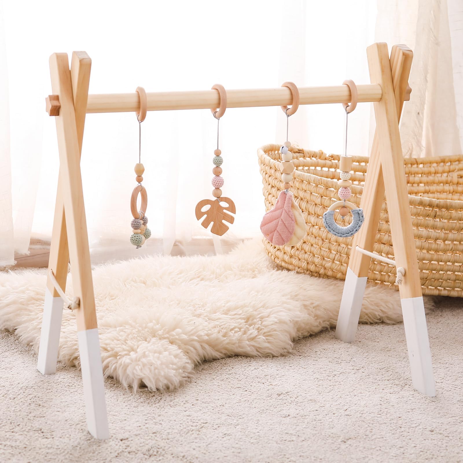 Promise Babe Wooden Baby Play Gym Play Arch Baby 4 Detachable Sensory Baby Toys Pink Pendant Design Newborn Baby Essentials Wooden Activity Baby Gym