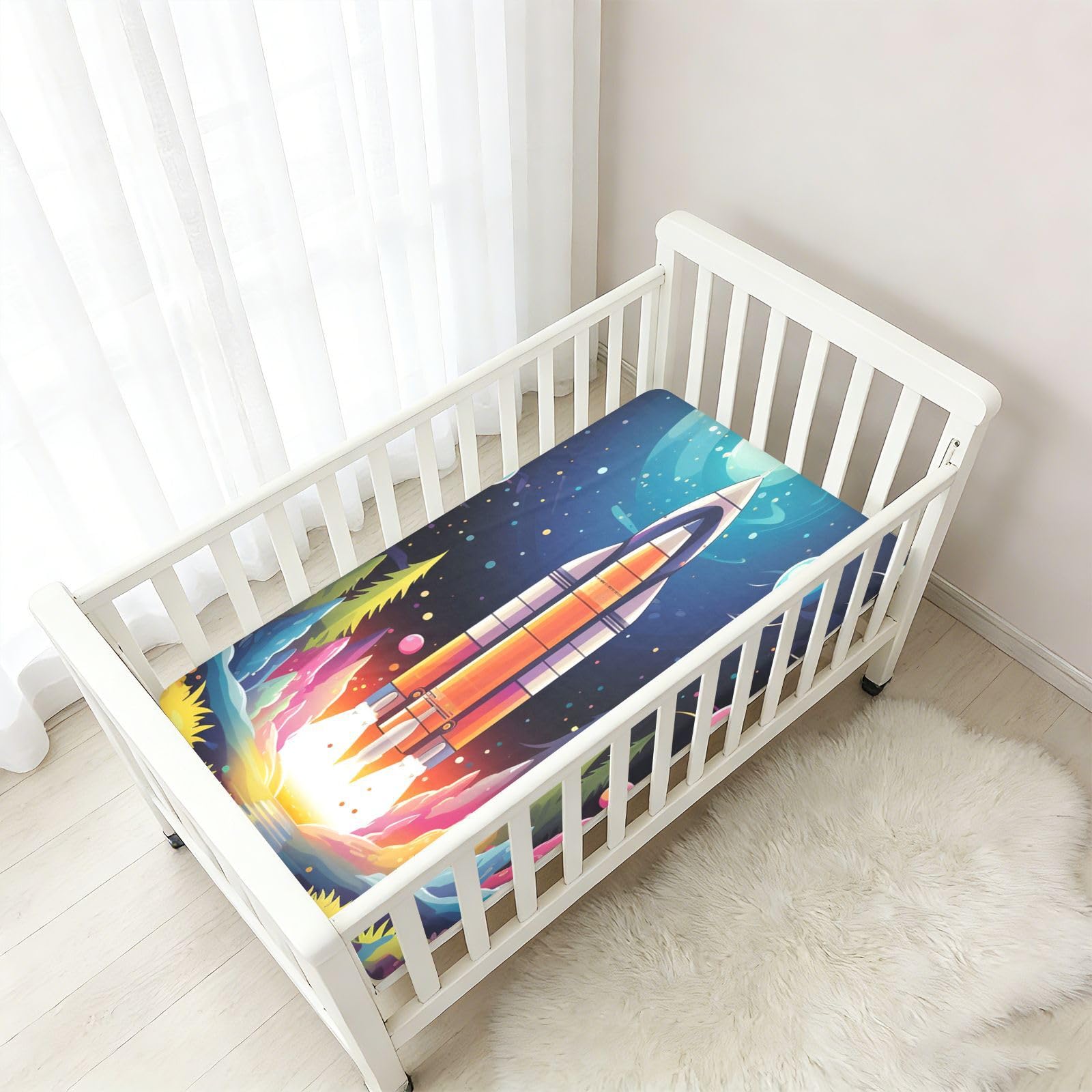 Colorido Cohete Espacial Estrellas Sábana de Cuna para Niños Pequeños,Sábanas de Algodón Suave para Bebés Aptas para Colchón Corralito