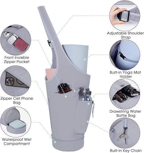 Miniatura 4 de sportsnew Bolsa para esterilla de yoga, gran apertura, larga bolsa de soporte para esterilla de yoga con bolsillo impermeable y bolsillo para