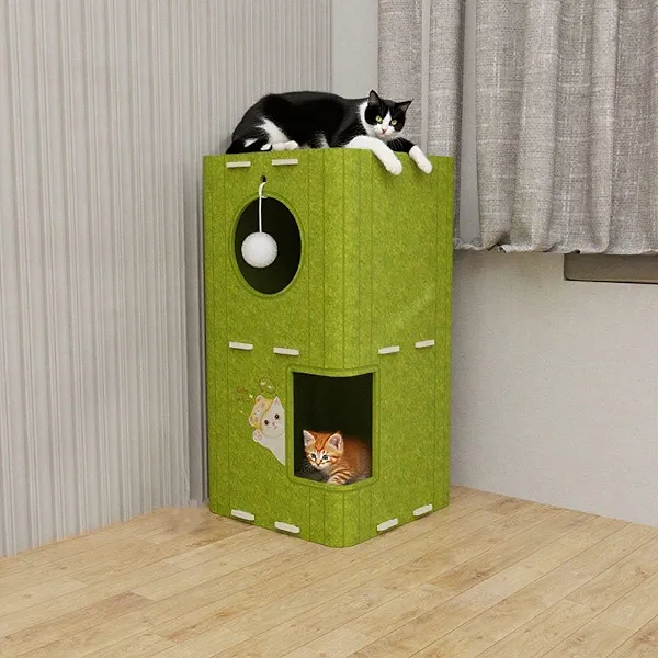 STILLCOVE Small Cat Tree Tower, Indoor Cat House Condo with Hideaway Bed Cave & Toy, Modern Cube Castle for 1-2 Kittens