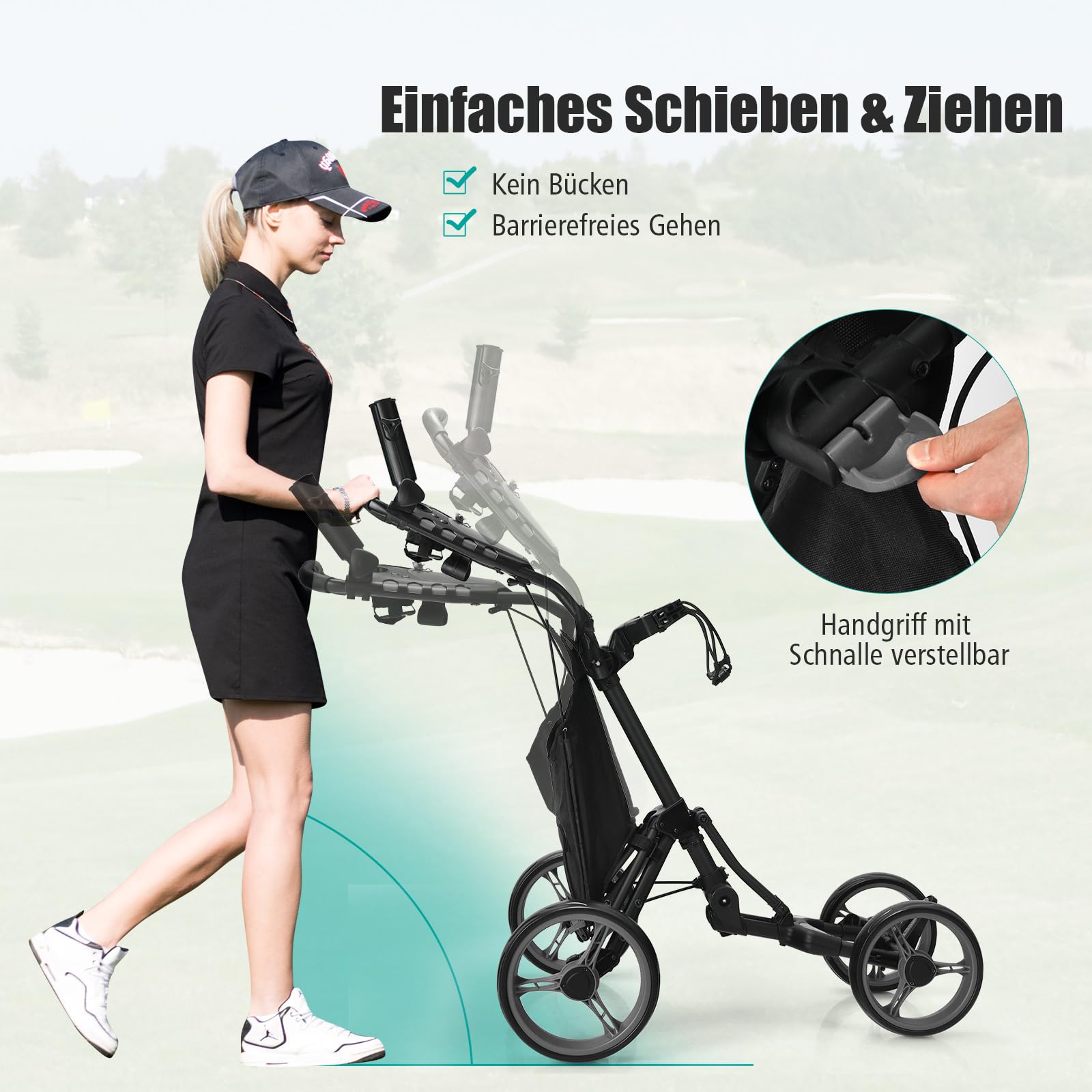 COSTWAY Golf Trolley, 4 Rad Golftrolley, Golfwagen klappbar, Golfcaddy aus Aluminum, Golfcaddy mit Schirmhalter, T-Stückhalterung und Aufbewahrungstasche (Grau)